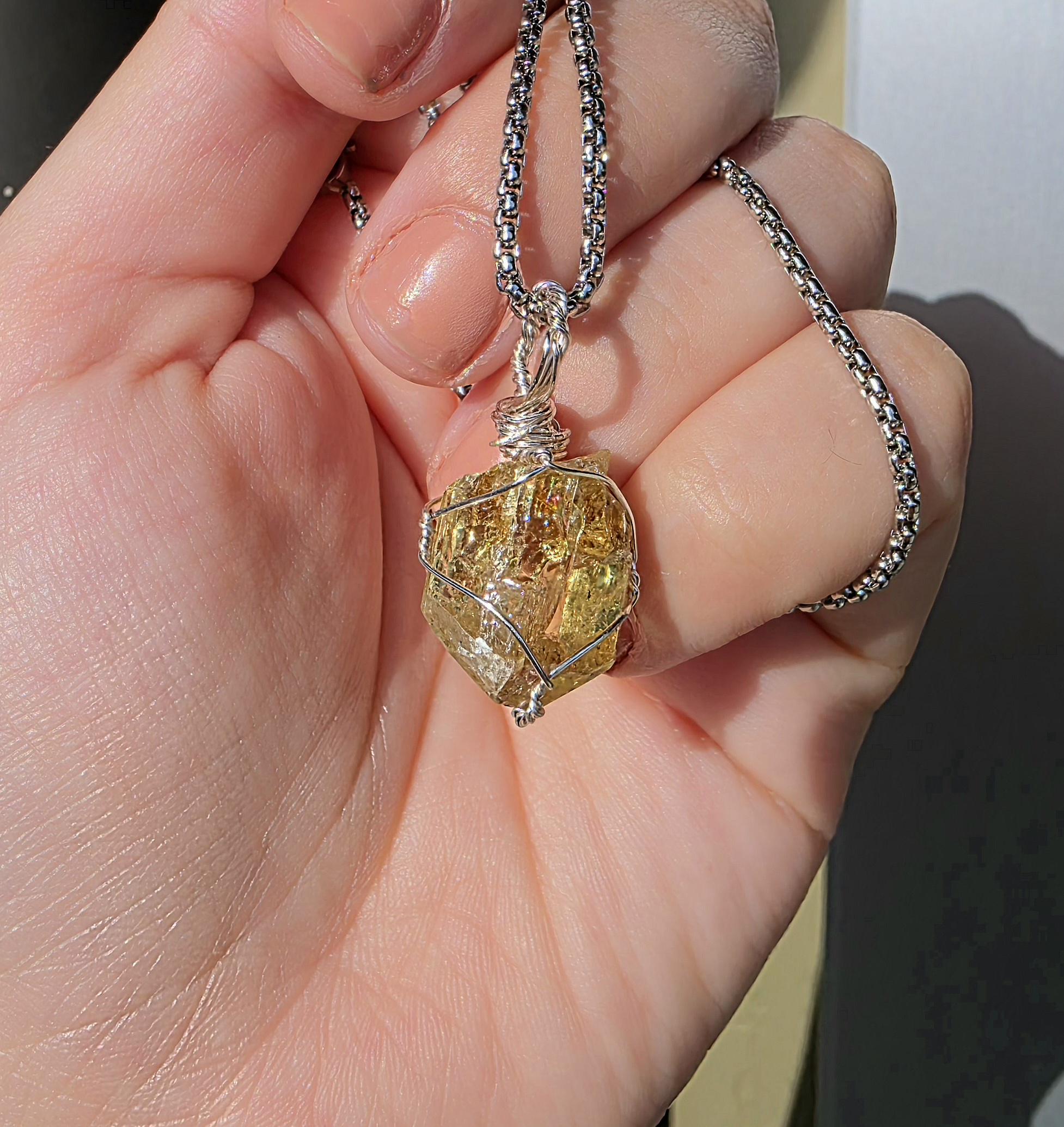 Golden Apatite Necklace | Wire Wrapped Crystal Pendant | Stainless Steel Chain | Natural Gem Quality Apatite Jewelry