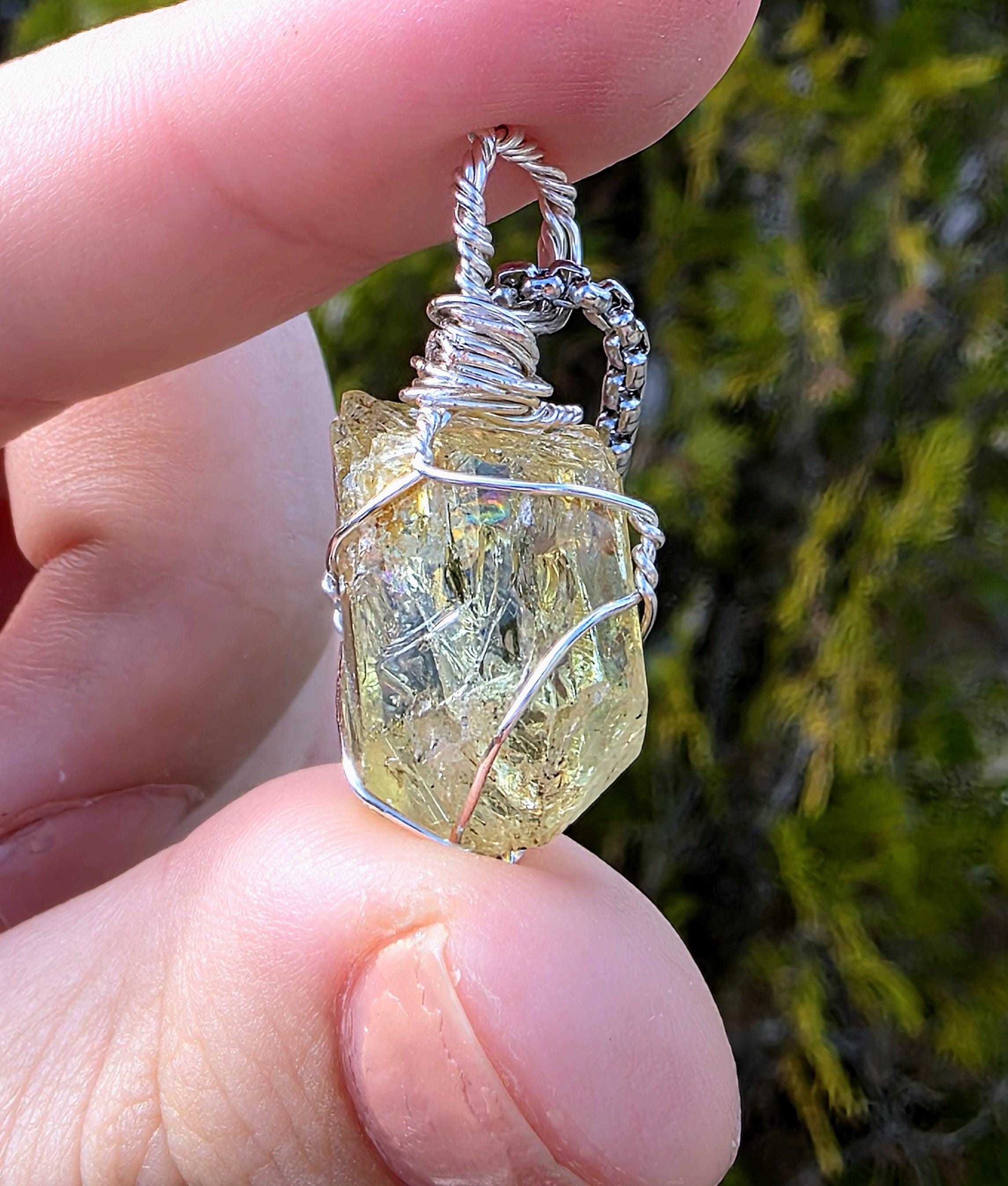 Golden Apatite Necklace | Wire Wrapped Crystal Pendant | Stainless Steel Chain | Natural Gem Quality Apatite Jewelry