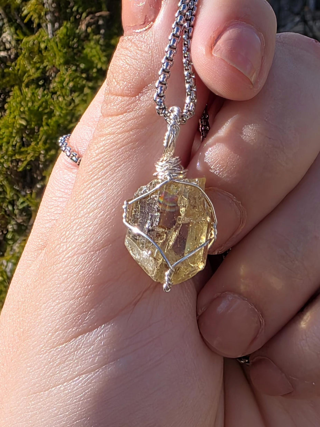 Golden Apatite Necklace | Wire Wrapped Crystal Pendant | Stainless Steel Chain | Natural Gem Quality Apatite Jewelry