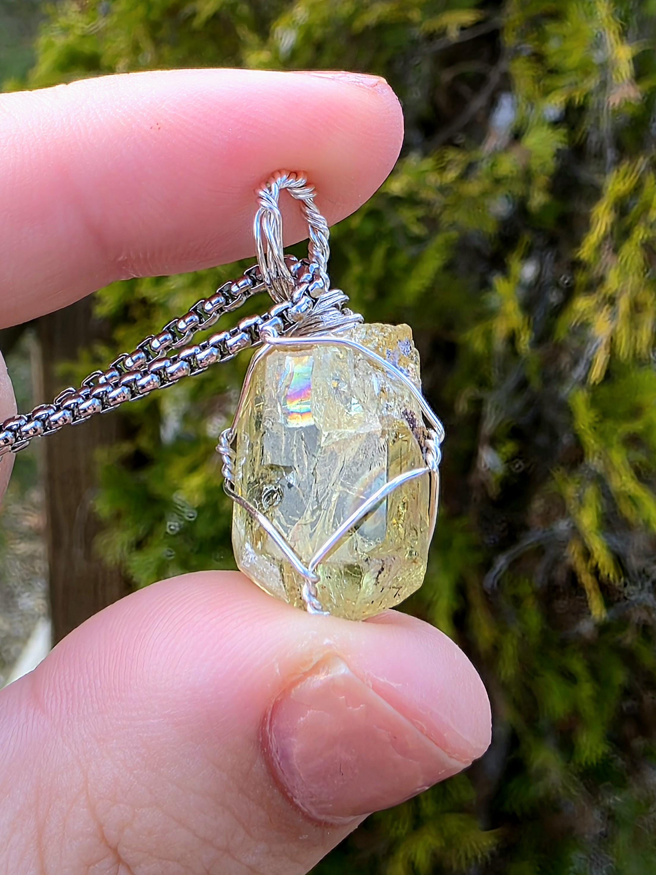 Golden Apatite Necklace | Wire Wrapped Crystal Pendant | Stainless Steel Chain | Natural Gem Quality Apatite Jewelry