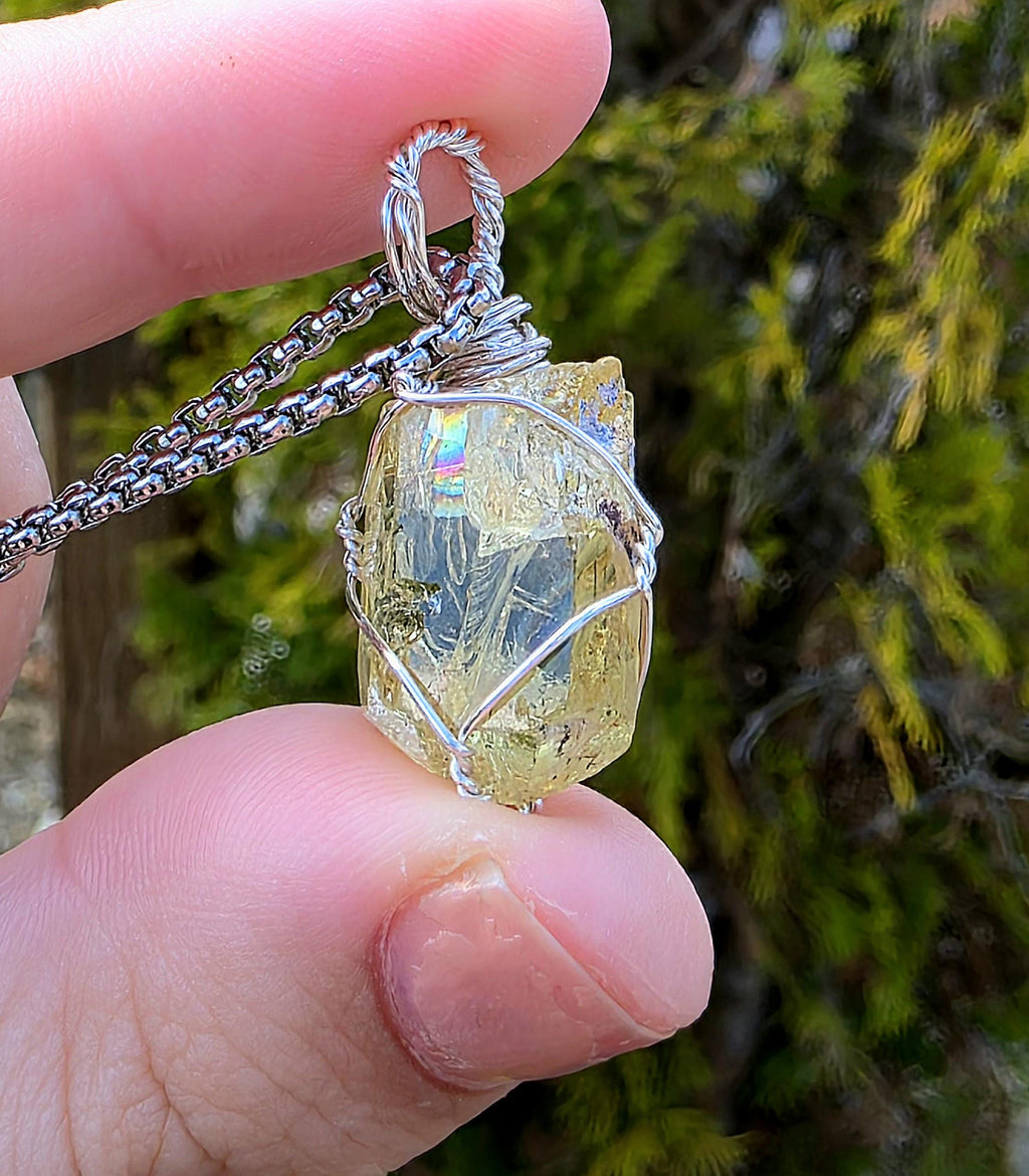 Golden Apatite Necklace | Wire Wrapped Crystal Pendant | Stainless Steel Chain | Natural Gem Quality Apatite Jewelry