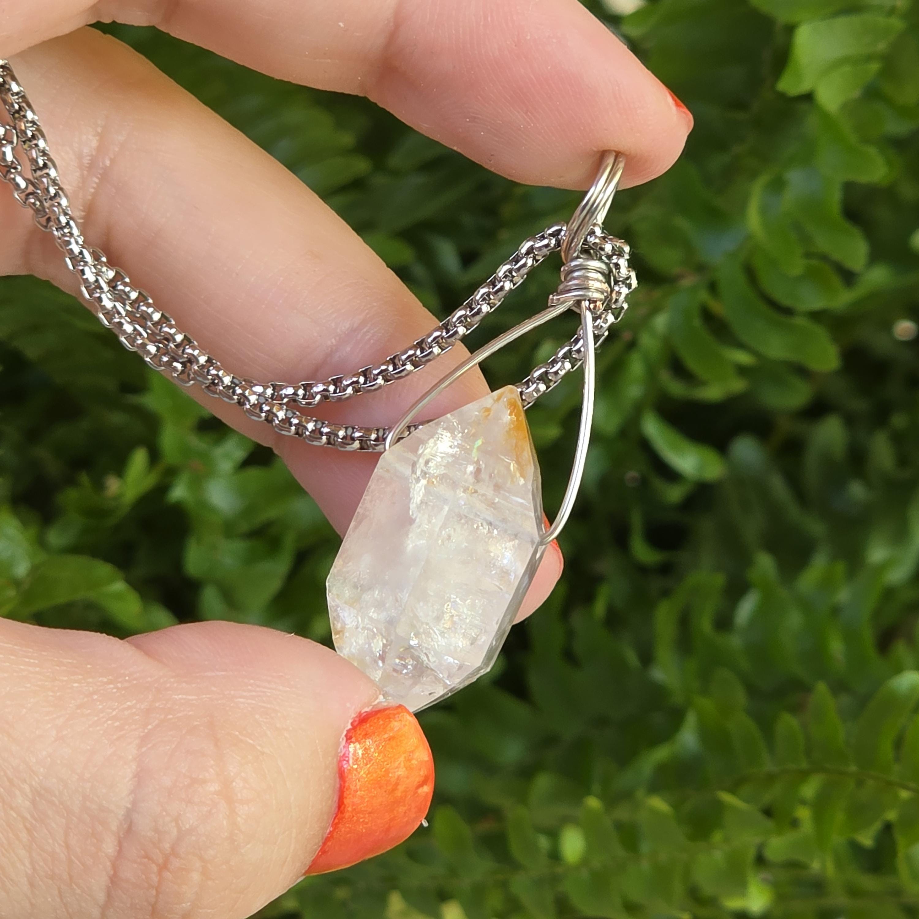 Tibetan Clear Quartz Double Terminated Necklace | Hand Wire Wrapped Crystal | Stainless Steel Chain