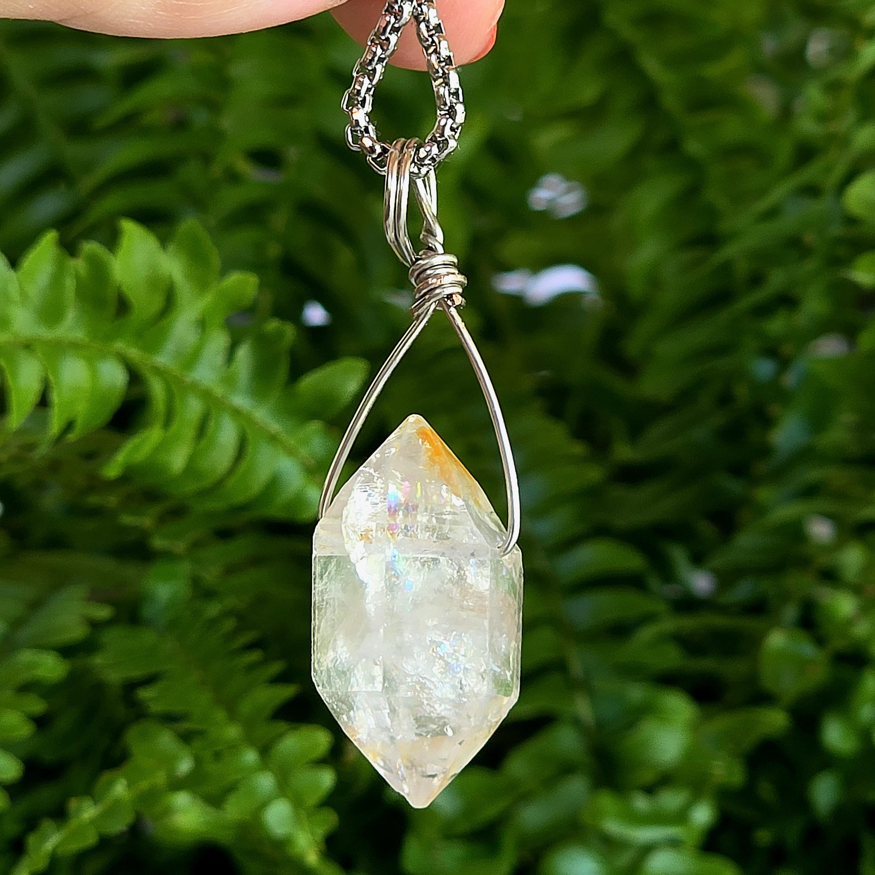 Tibetan Clear Quartz Double Terminated Necklace | Hand Wire Wrapped Crystal | Stainless Steel Chain