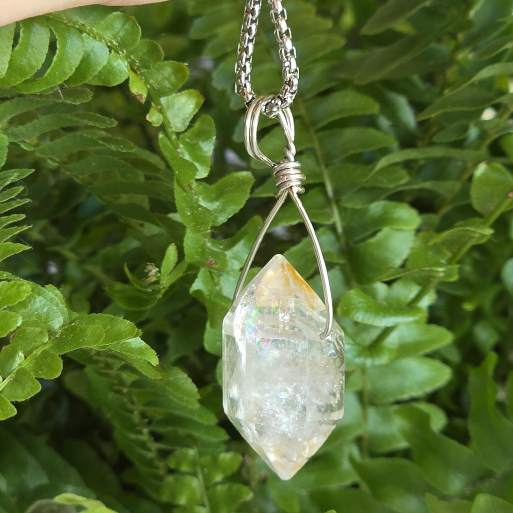 Tibetan Clear Quartz Double Terminated Necklace | Hand Wire Wrapped Crystal | Stainless Steel Chain
