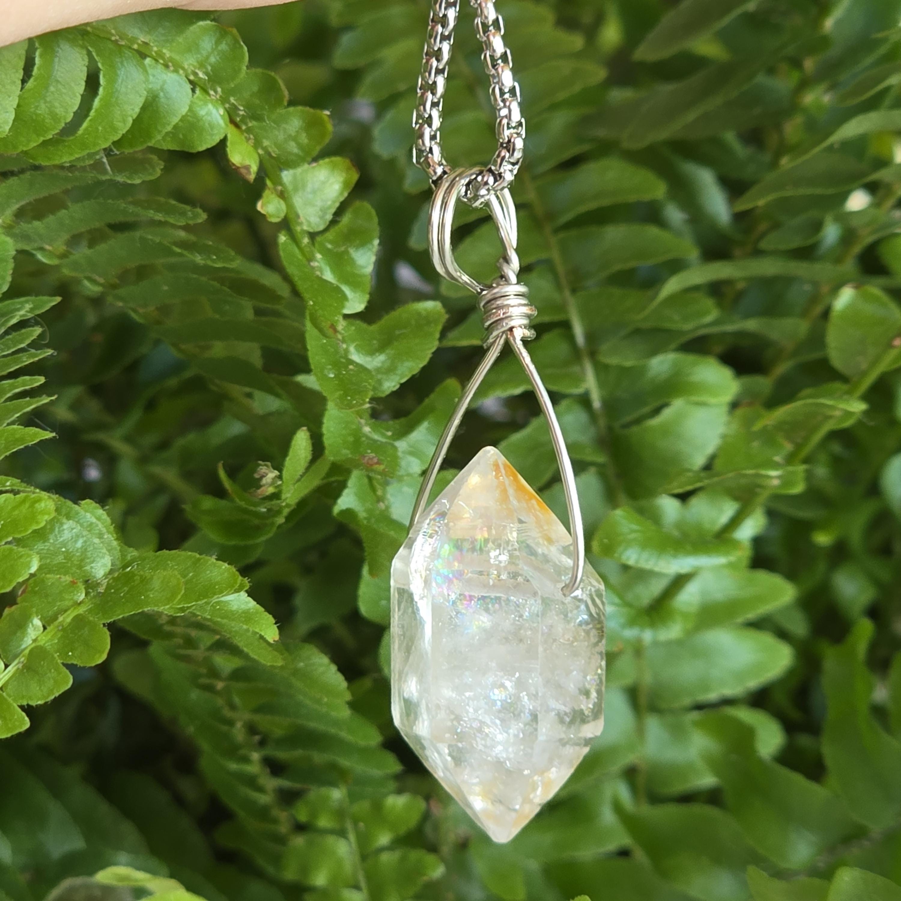 Tibetan Clear Quartz Double Terminated Necklace | Hand Wire Wrapped Crystal | Stainless Steel Chain