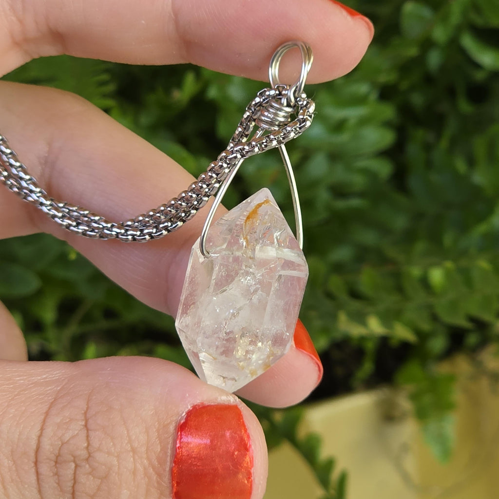 Tibetan Clear Quartz Double Terminated Necklace | Hand Wire Wrapped Crystal | Stainless Steel Chain