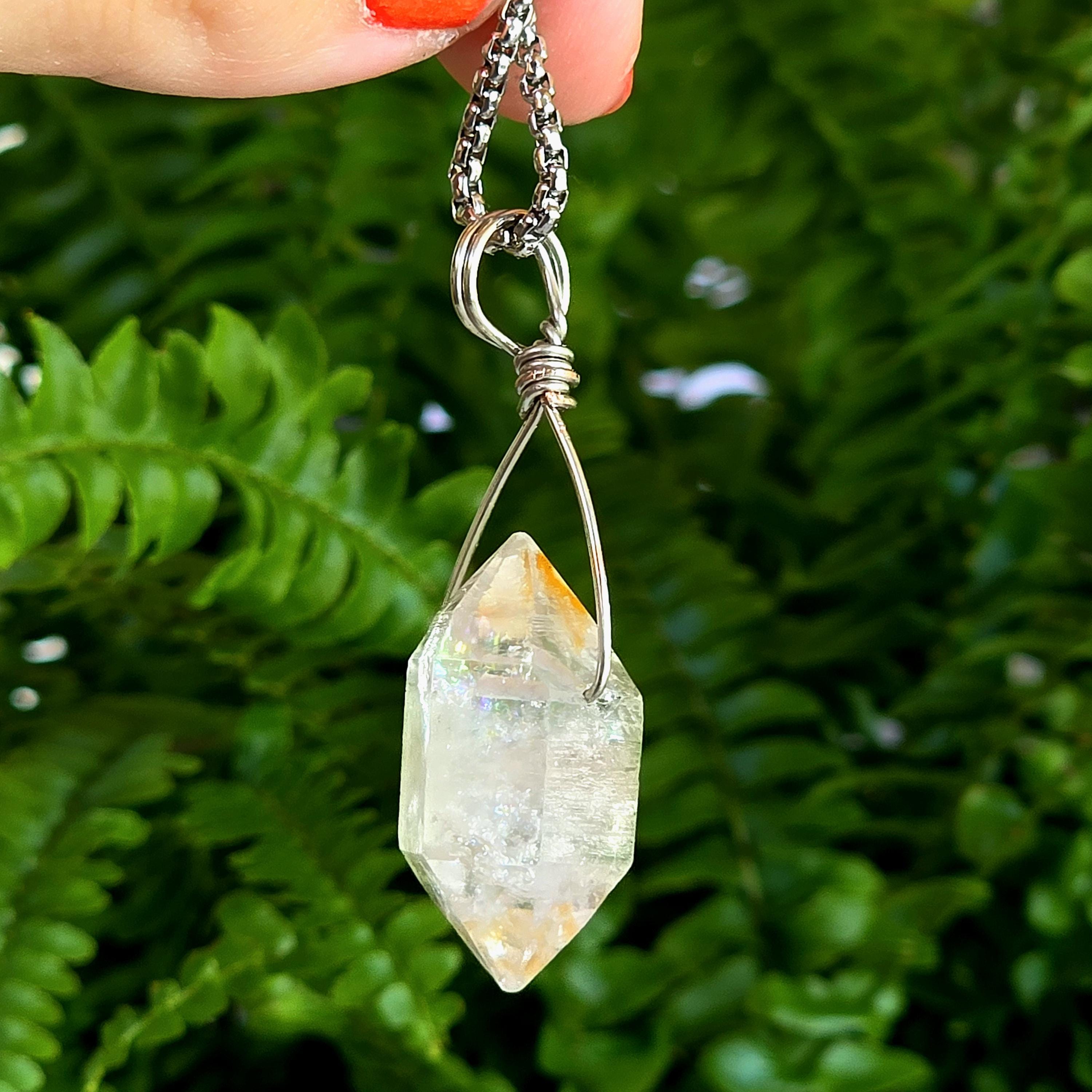 Tibetan Clear Quartz Double Terminated Necklace | Hand Wire Wrapped Crystal | Stainless Steel Chain