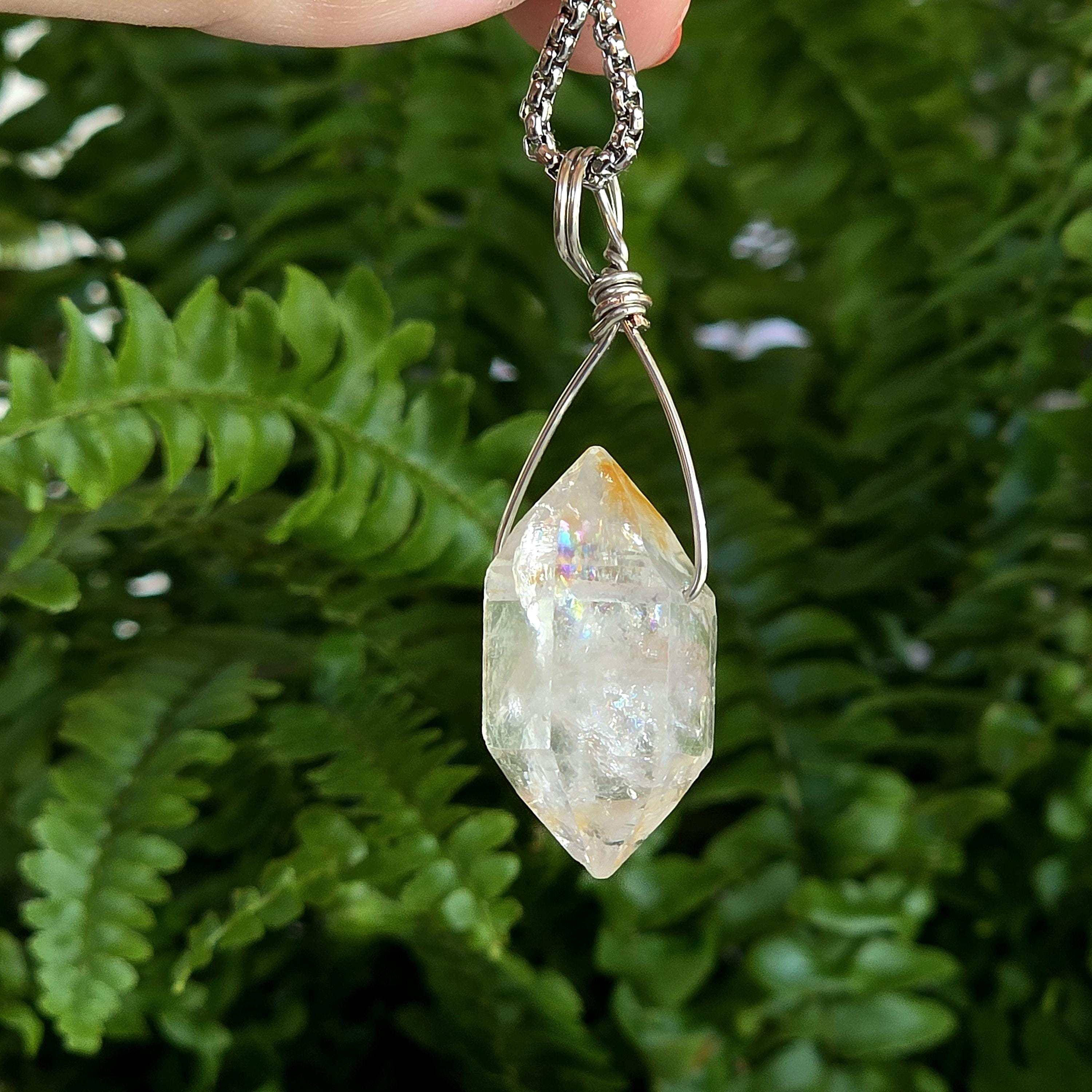 Tibetan Clear Quartz Double Terminated Necklace | Hand Wire Wrapped Crystal | Stainless Steel Chain