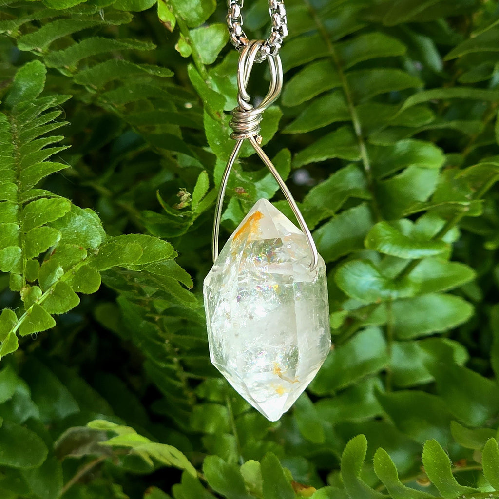 Tibetan Clear Quartz Double Terminated Necklace | Hand Wire Wrapped Crystal | Stainless Steel Chain
