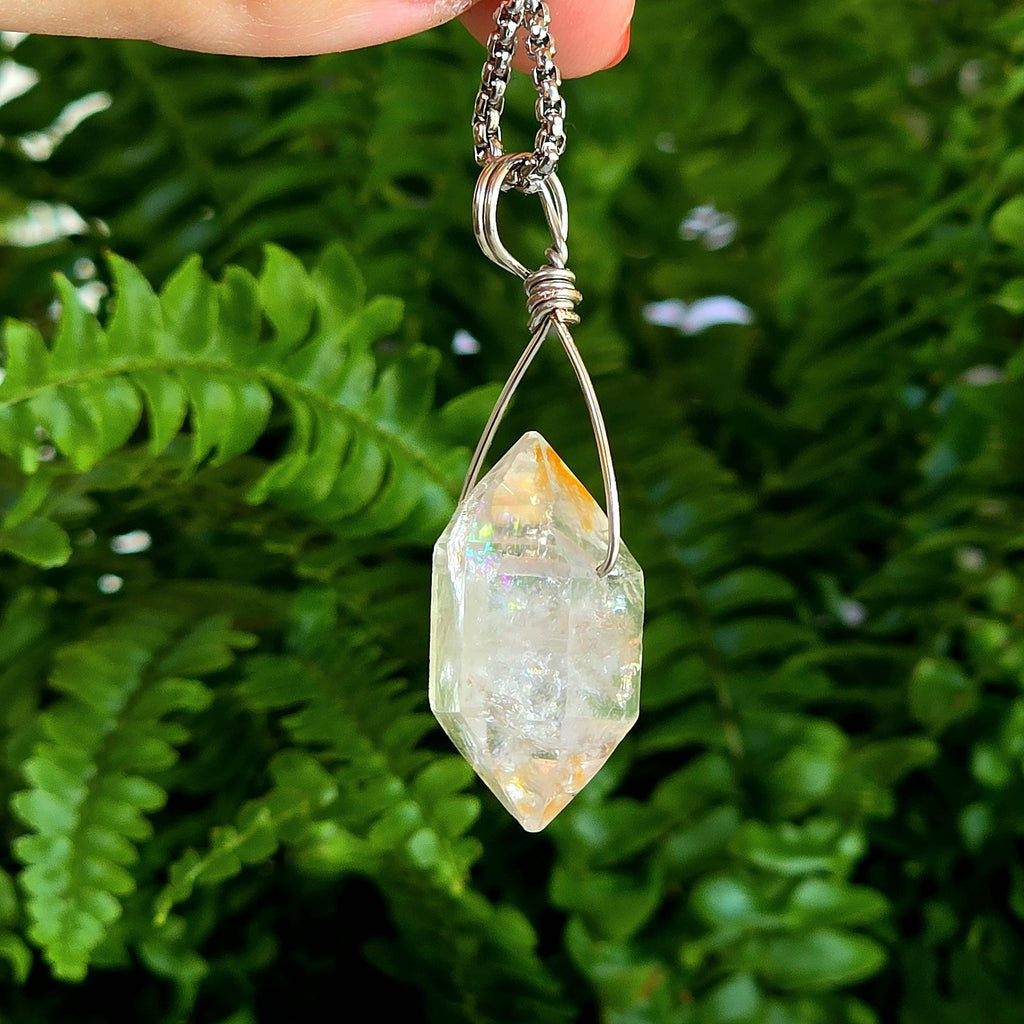 Tibetan Clear Quartz Double Terminated Necklace | Hand Wire Wrapped Crystal | Stainless Steel Chain