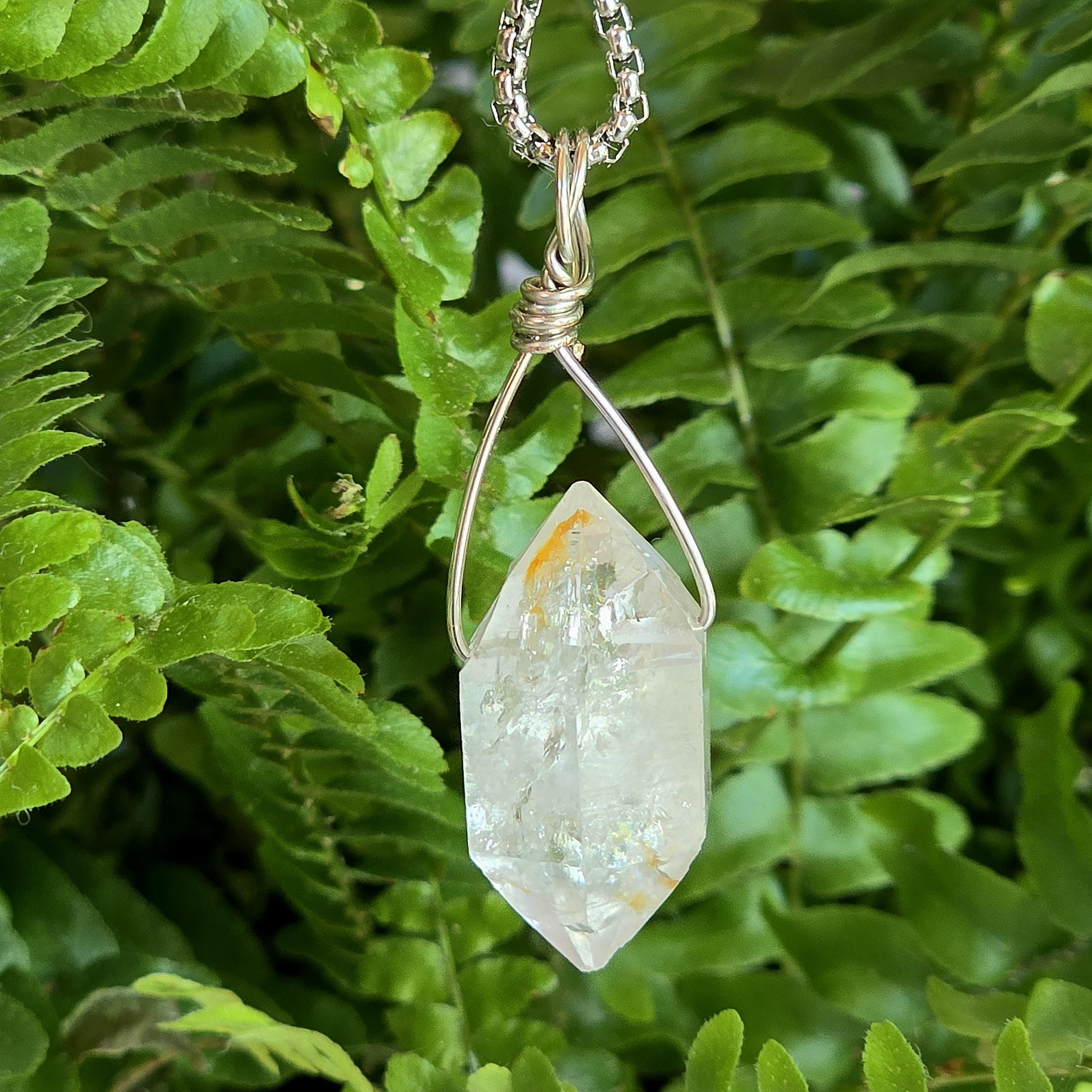 Tibetan Clear Quartz Double Terminated Necklace | Hand Wire Wrapped Crystal | Stainless Steel Chain