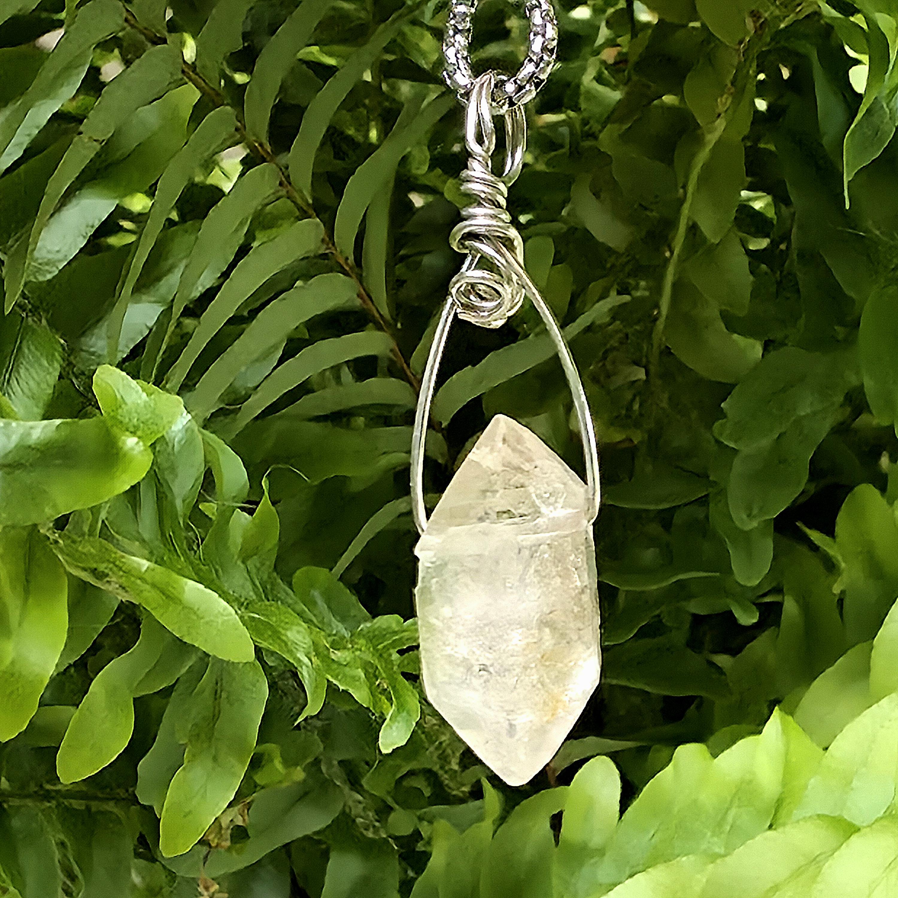 Tibetan Clear Quartz Double Terminated Necklace | Hand Wire Wrapped Crystal | Stainless Steel Chain