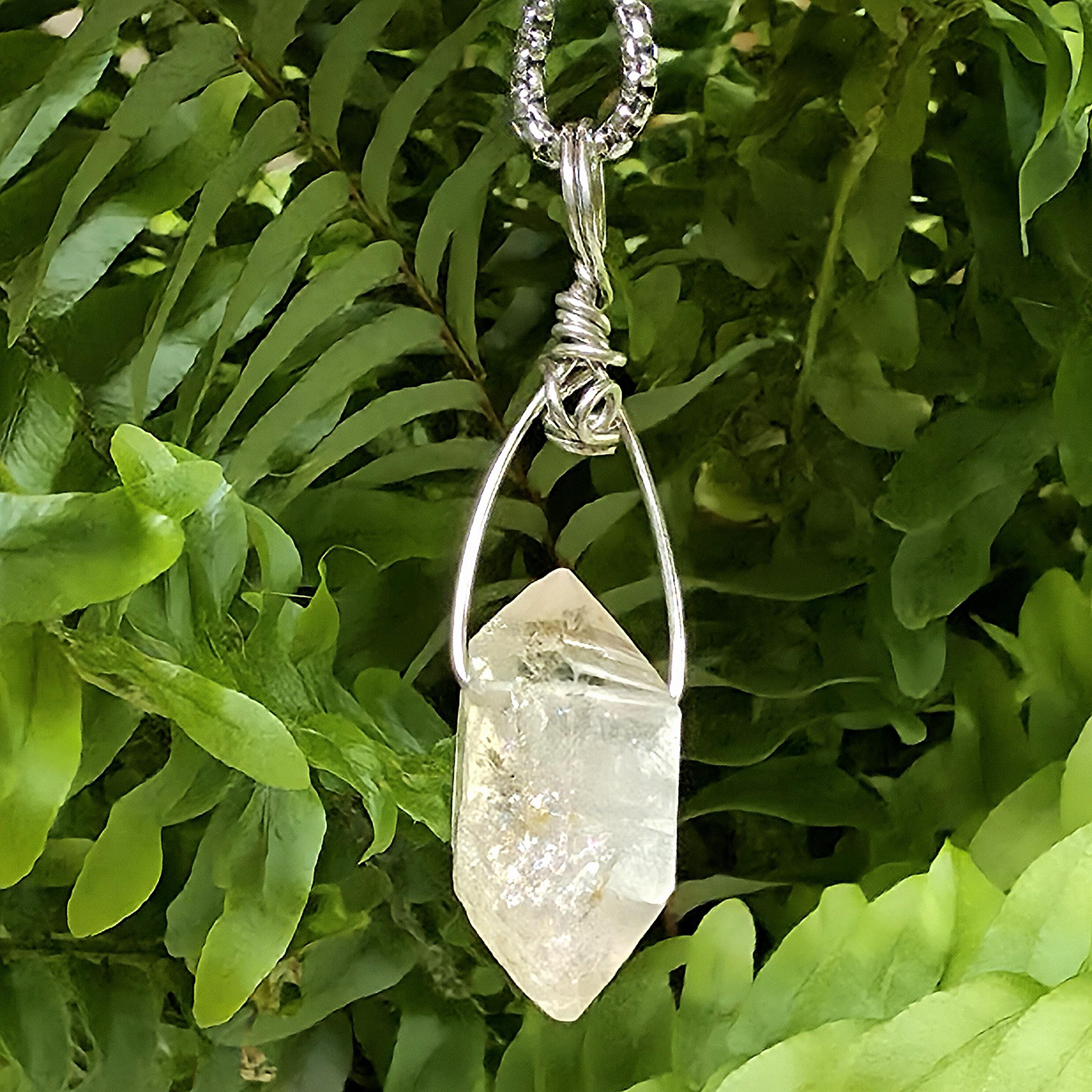 Tibetan Clear Quartz Double Terminated Necklace | Hand Wire Wrapped Crystal | Stainless Steel Chain