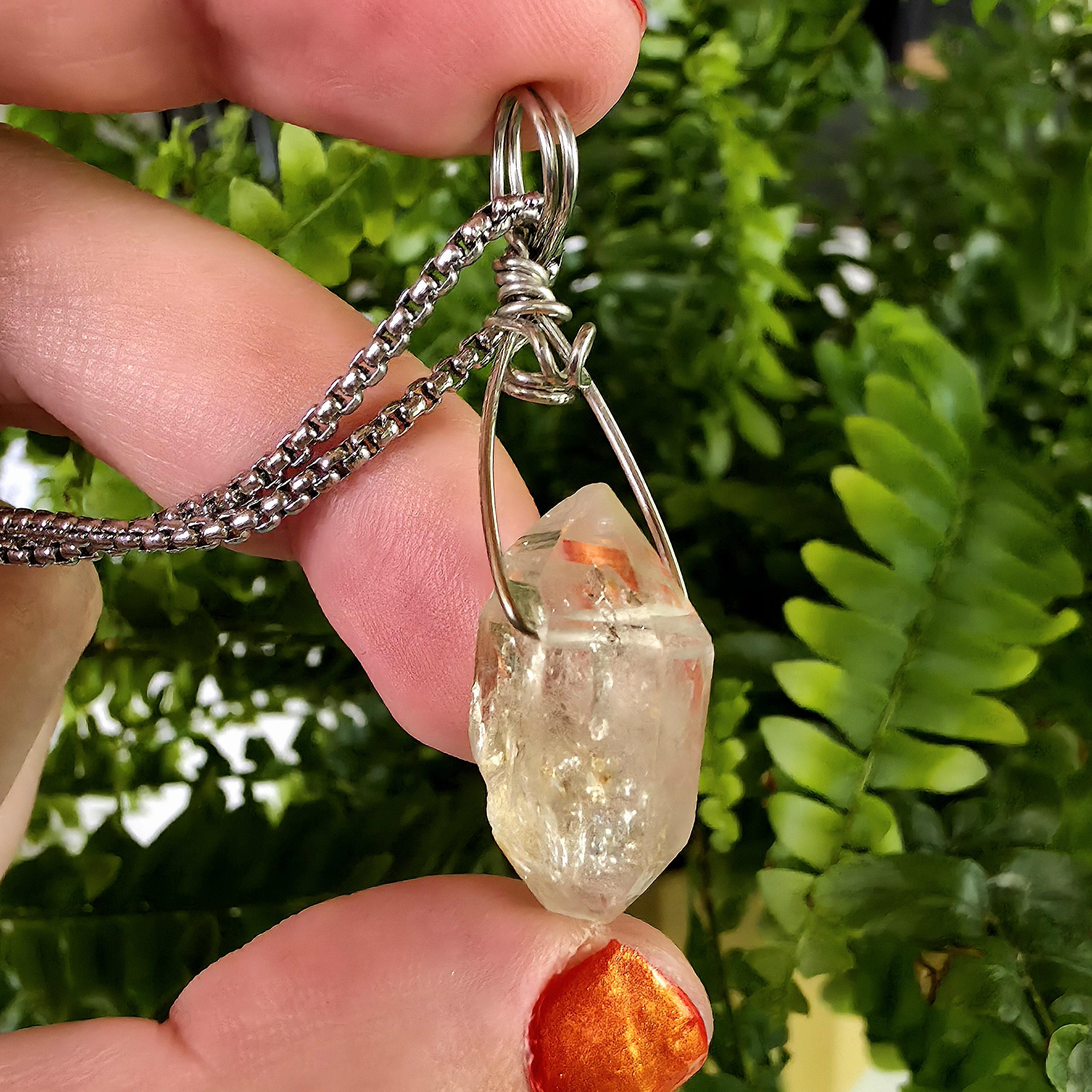 Tibetan Clear Quartz Double Terminated Necklace | Hand Wire Wrapped Crystal | Stainless Steel Chain