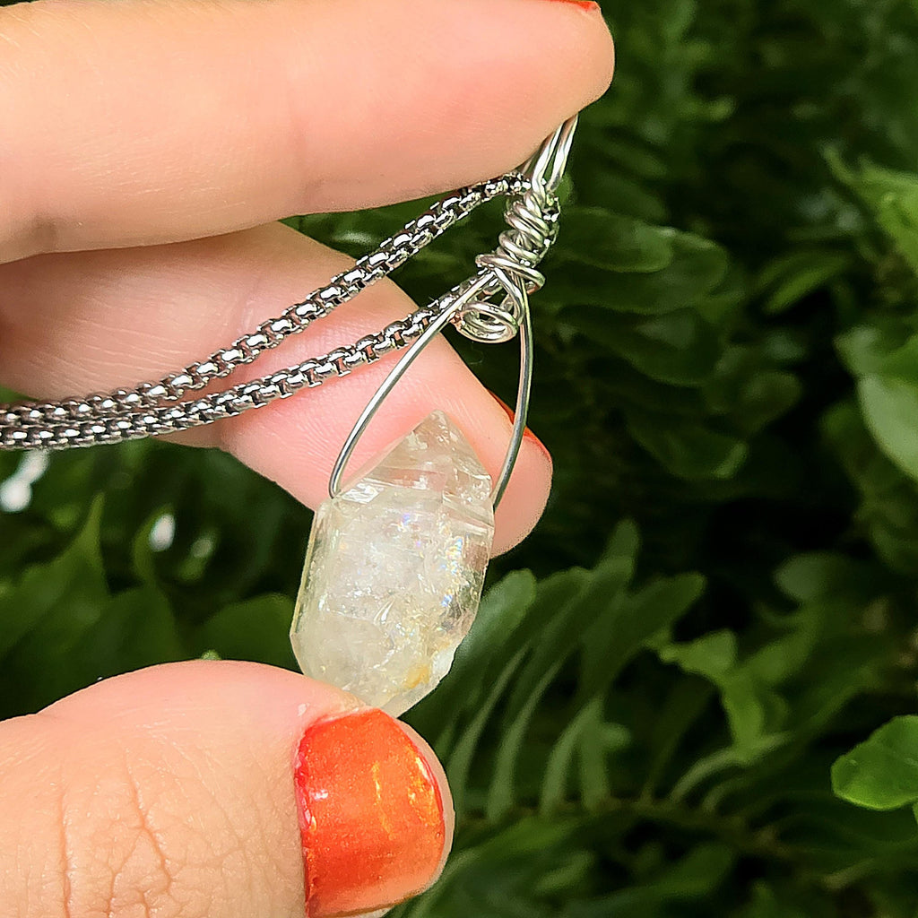 Tibetan Clear Quartz Double Terminated Necklace | Hand Wire Wrapped Crystal | Stainless Steel Chain