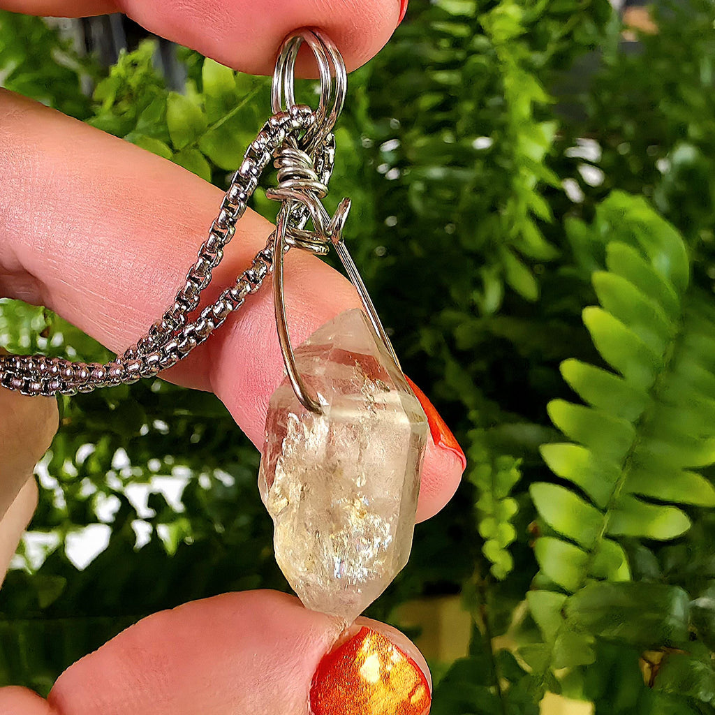 Tibetan Clear Quartz Double Terminated Necklace | Hand Wire Wrapped Crystal | Stainless Steel Chain