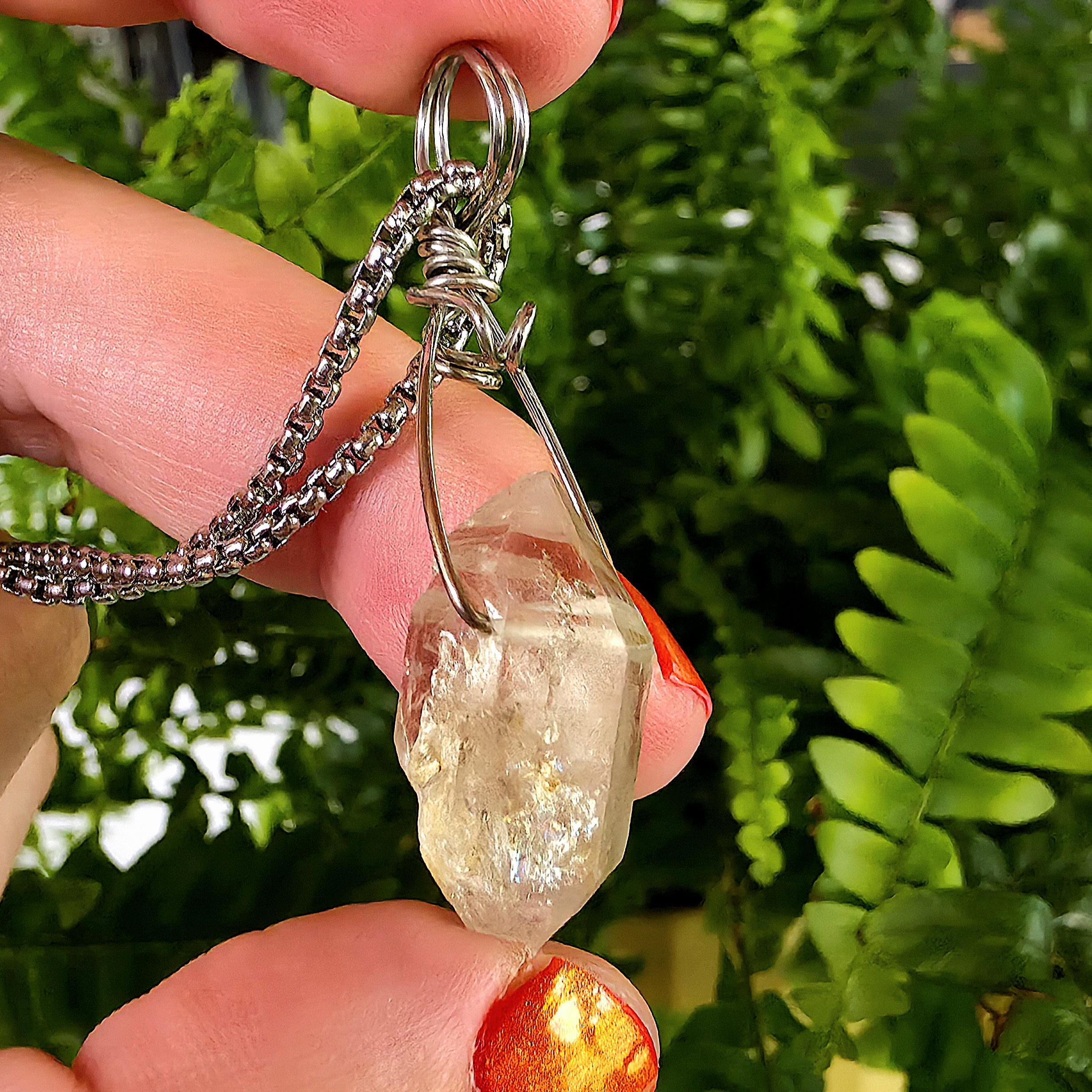 Tibetan Clear Quartz Double Terminated Necklace | Hand Wire Wrapped Crystal | Stainless Steel Chain