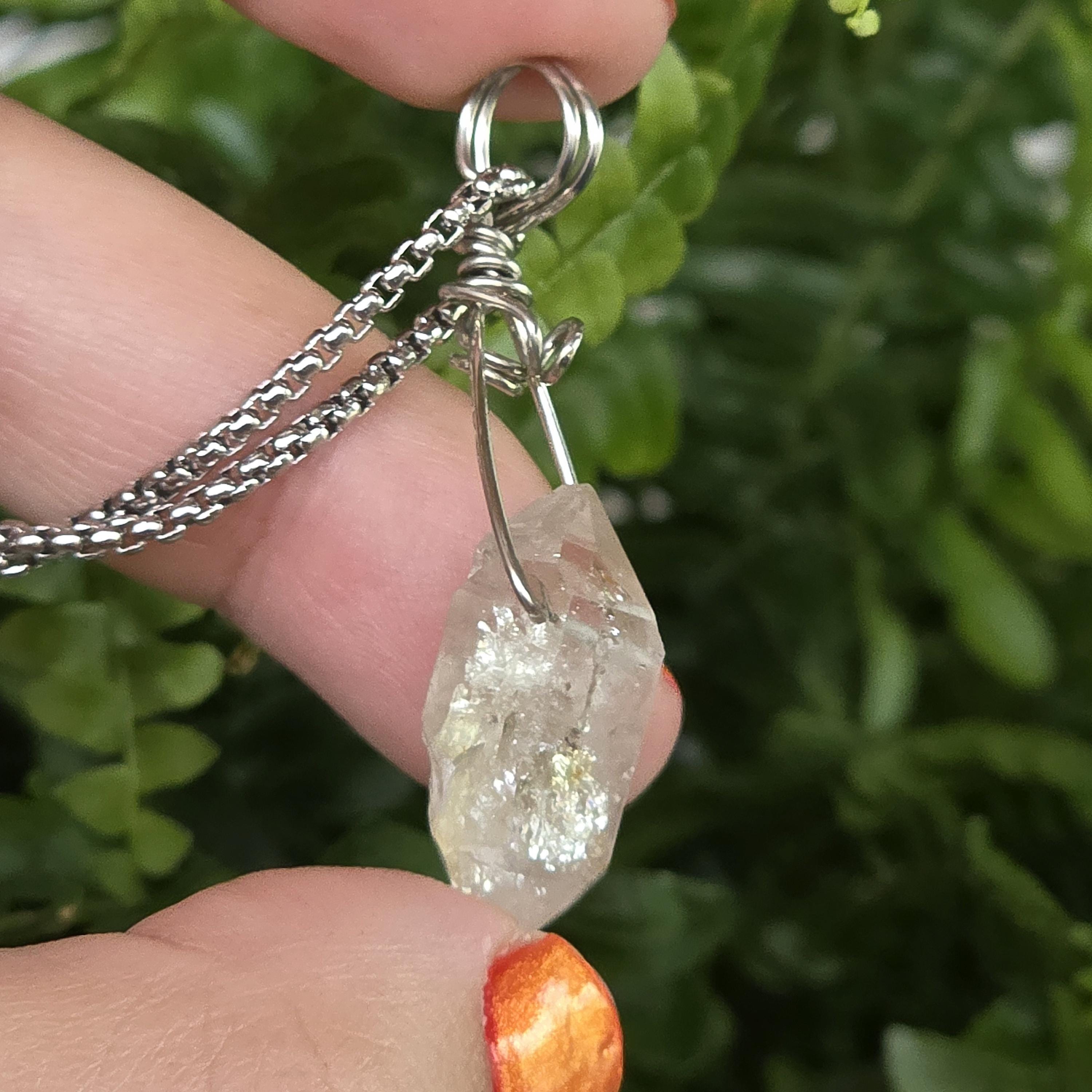 Tibetan Clear Quartz Double Terminated Necklace | Hand Wire Wrapped Crystal | Stainless Steel Chain