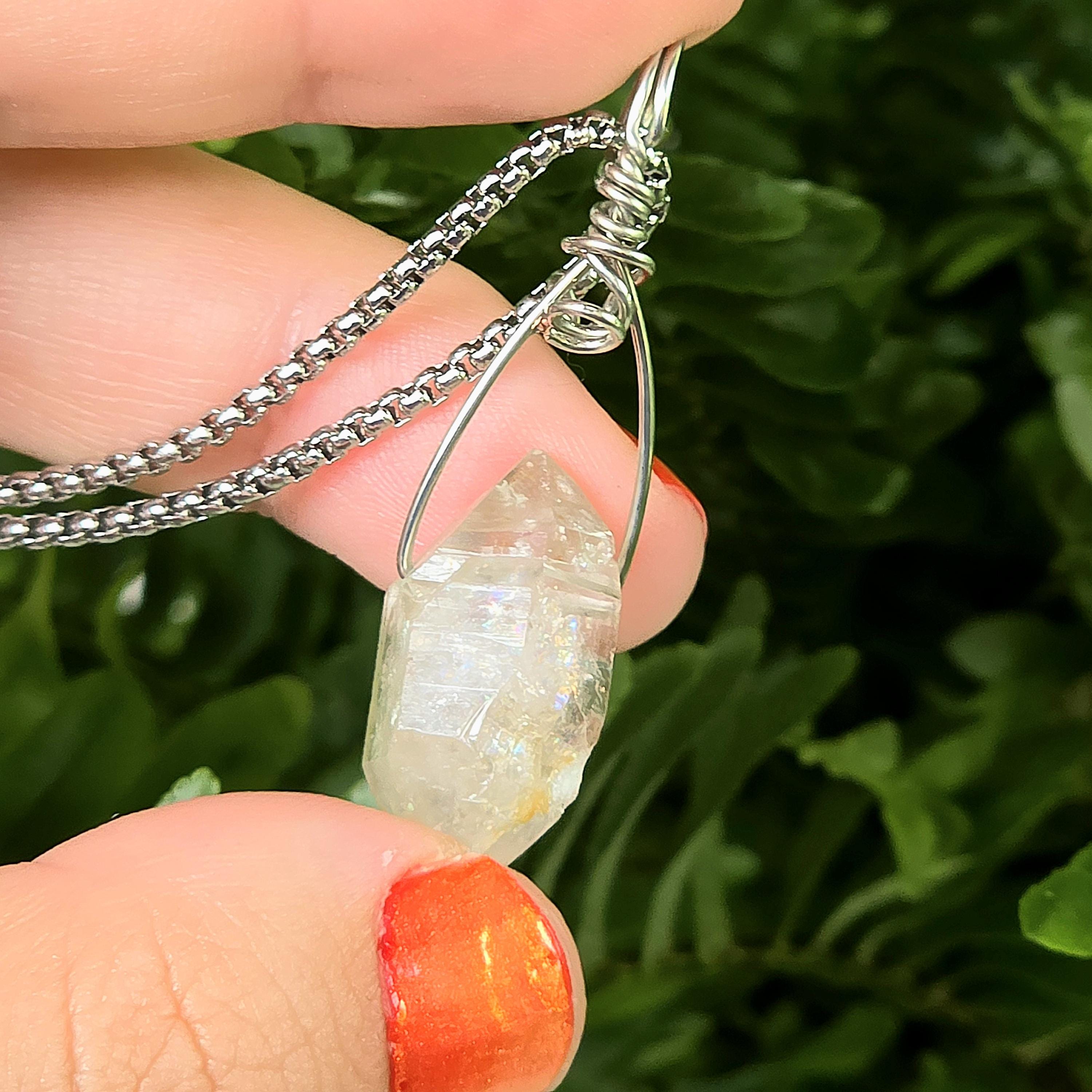 Tibetan Clear Quartz Double Terminated Necklace | Hand Wire Wrapped Crystal | Stainless Steel Chain