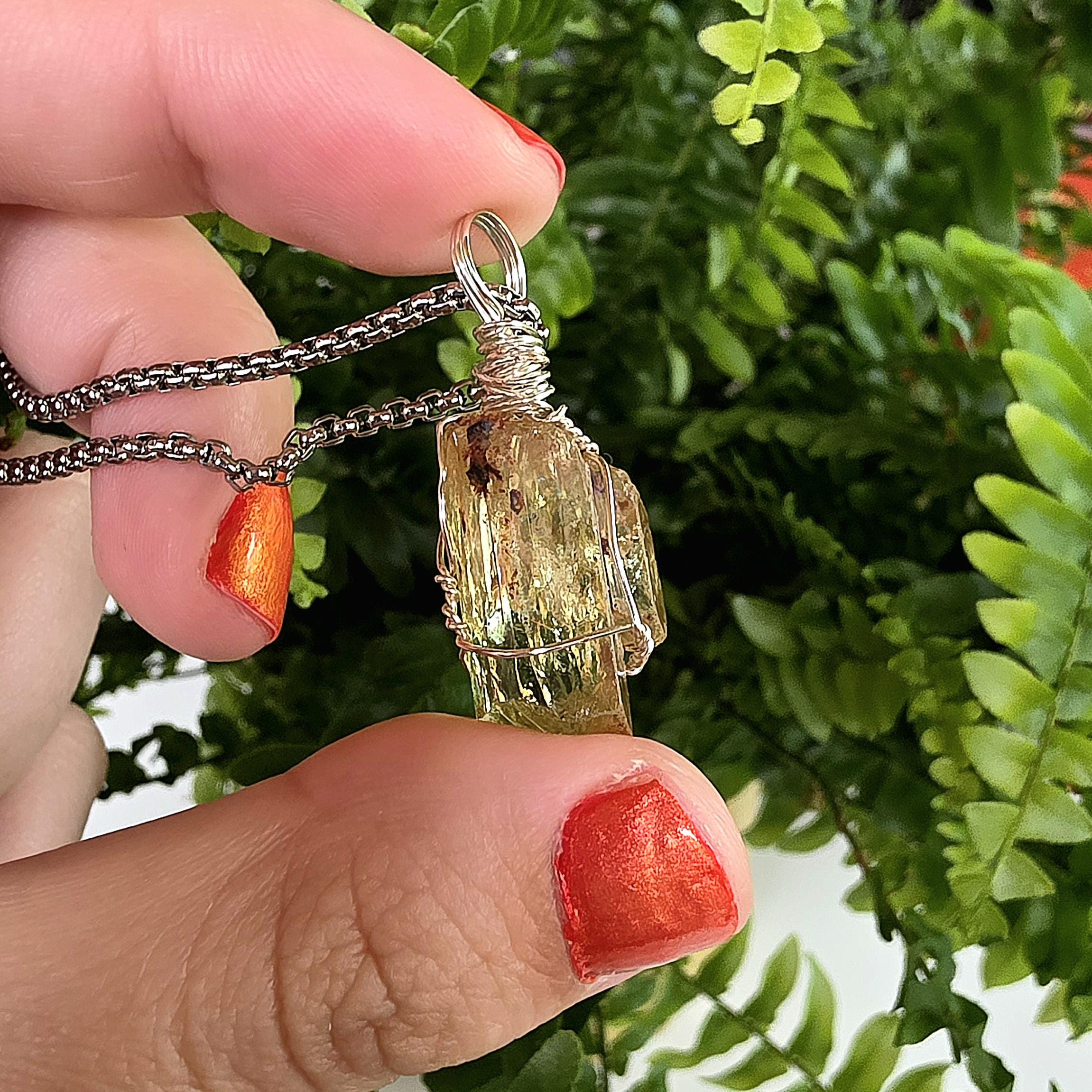 Golden Apatite Necklace | Wire Wrapped Crystal Pendant | Stainless Steel Chain | Natural Gem Quality Apatite Jewelry