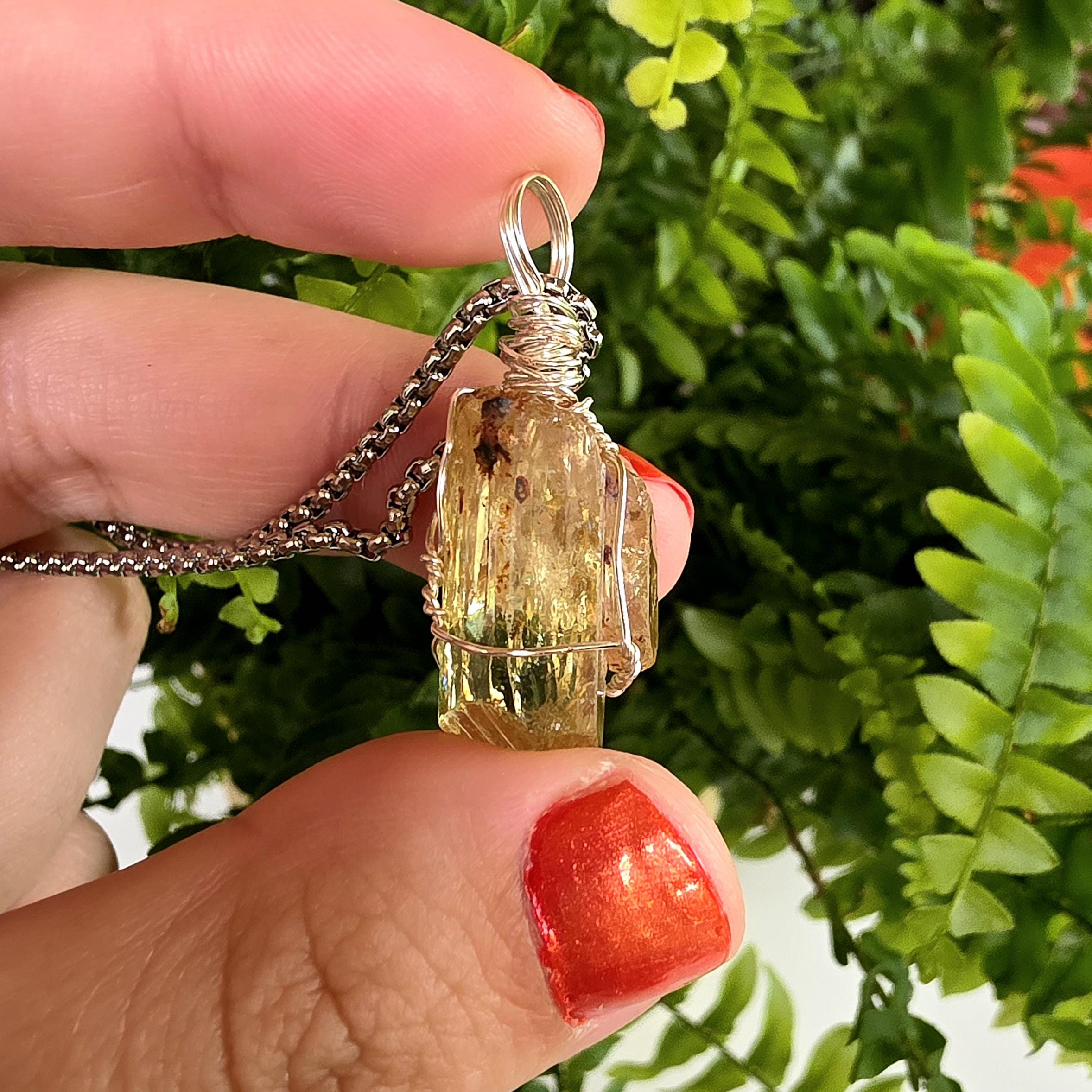 Golden Apatite Necklace | Wire Wrapped Crystal Pendant | Stainless Steel Chain | Natural Gem Quality Apatite Jewelry