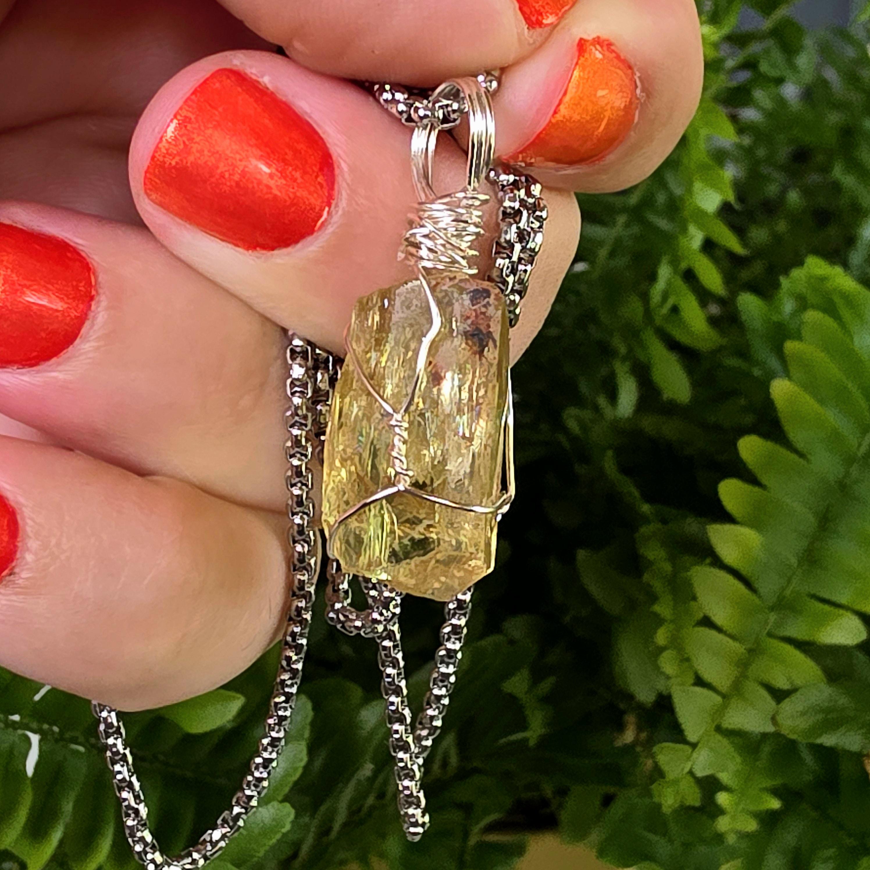 Golden Apatite Necklace | Wire Wrapped Crystal Pendant | Stainless Steel Chain | Natural Gem Quality Apatite Jewelry