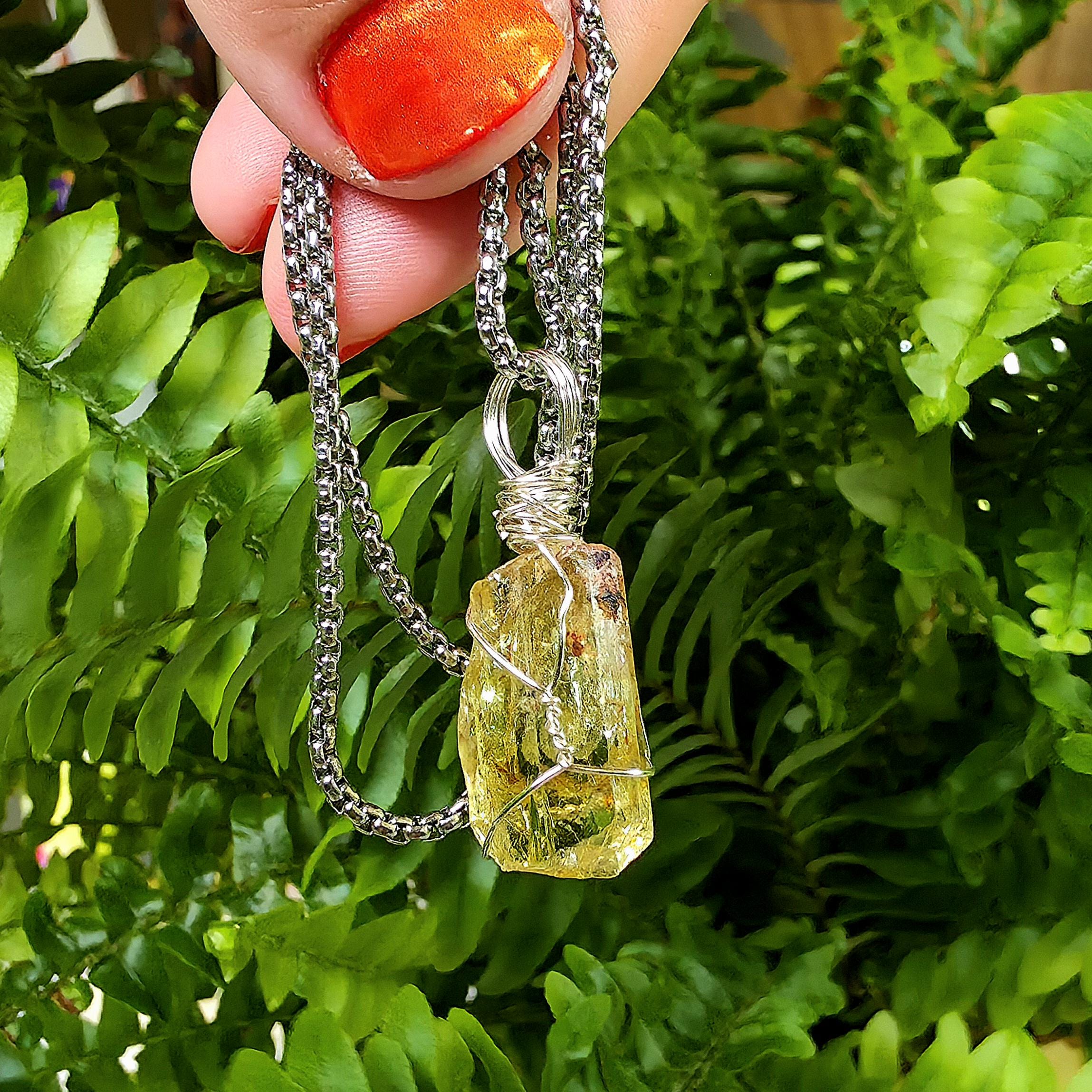Golden Apatite Necklace | Wire Wrapped Crystal Pendant | Stainless Steel Chain | Natural Gem Quality Apatite Jewelry