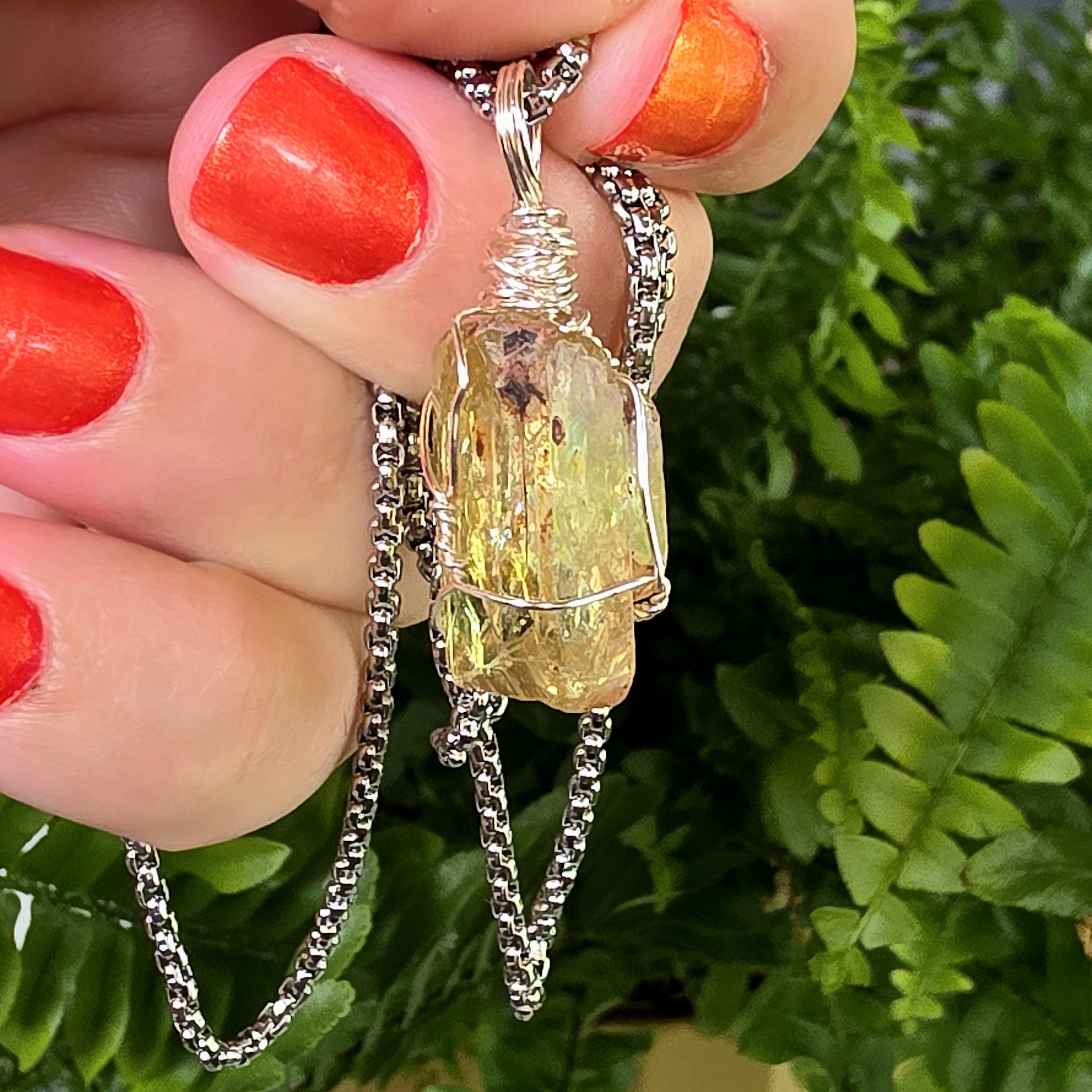 Golden Apatite Necklace | Wire Wrapped Crystal Pendant | Stainless Steel Chain | Natural Gem Quality Apatite Jewelry