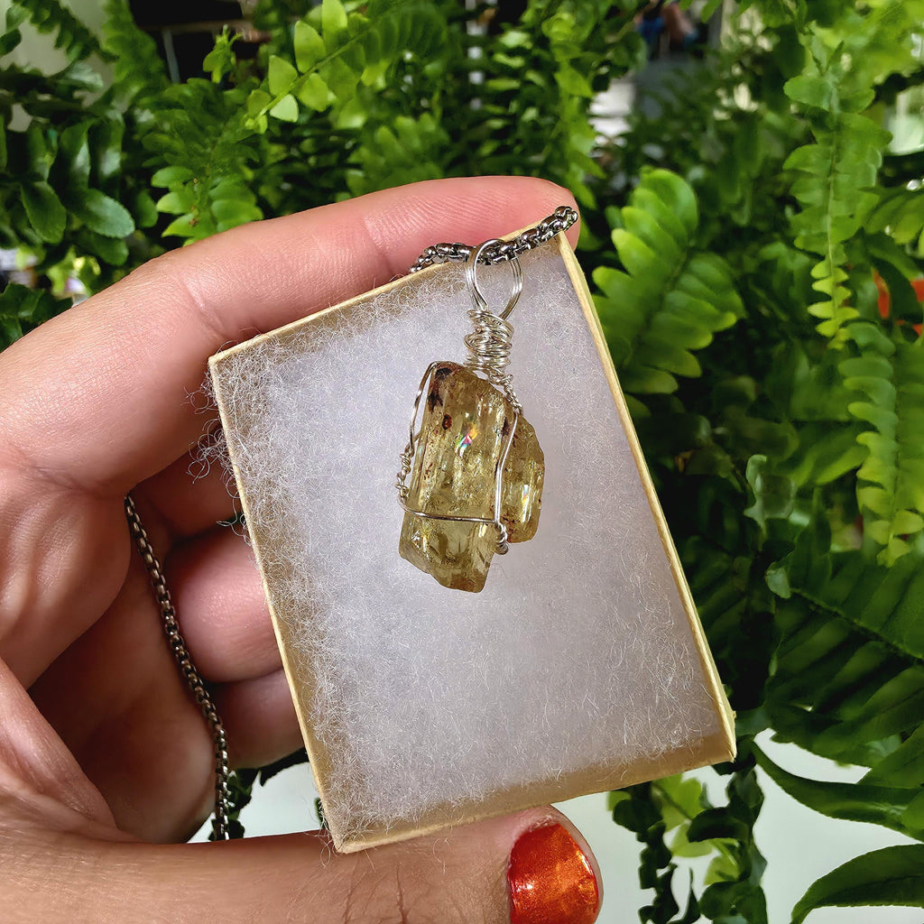 Golden Apatite Necklace | Wire Wrapped Crystal Pendant | Stainless Steel Chain | Natural Gem Quality Apatite Jewelry