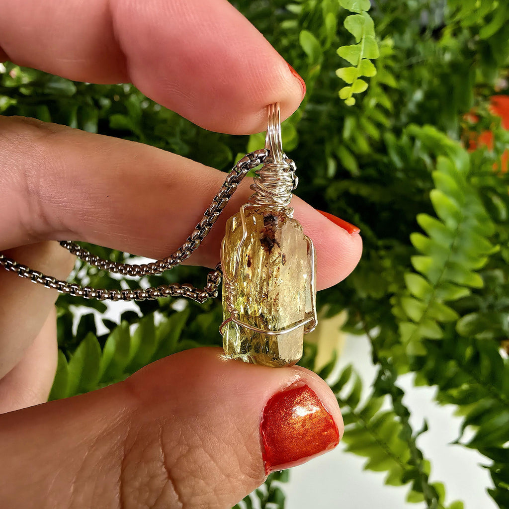 Golden Apatite Necklace | Wire Wrapped Crystal Pendant | Stainless Steel Chain | Natural Gem Quality Apatite Jewelry