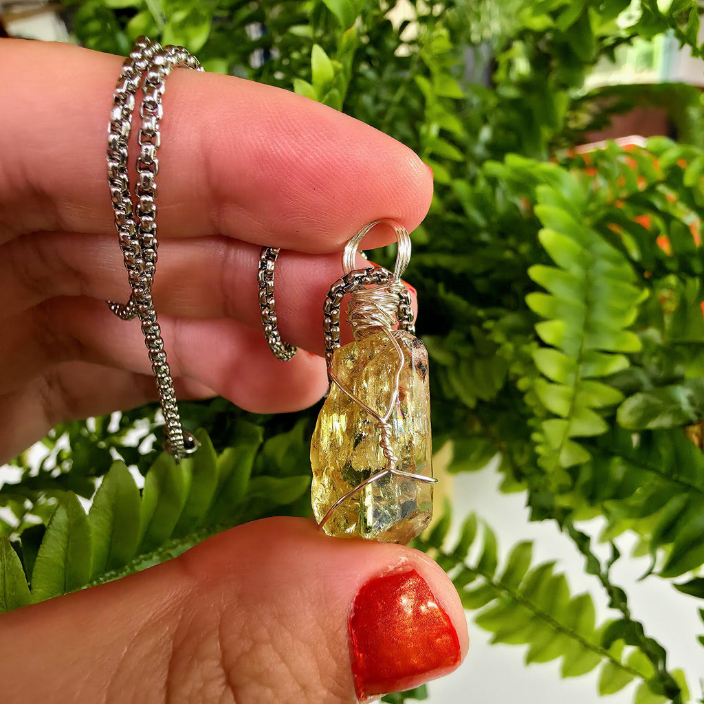 Golden Apatite Necklace | Wire Wrapped Crystal Pendant | Stainless Steel Chain | Natural Gem Quality Apatite Jewelry