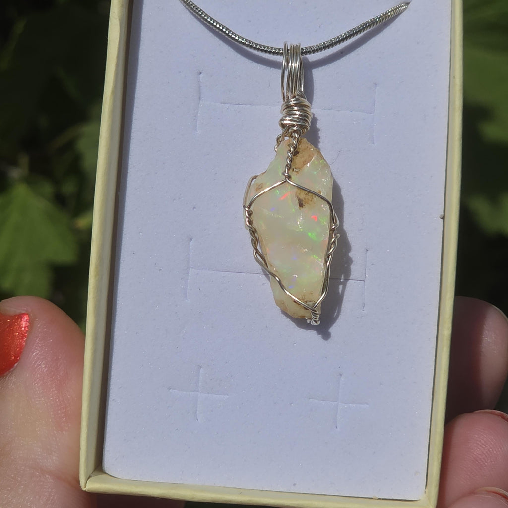Raw Ethiopian Welo Opal Necklace | Wire Wrapped Pendant | Sterling Silver Chain