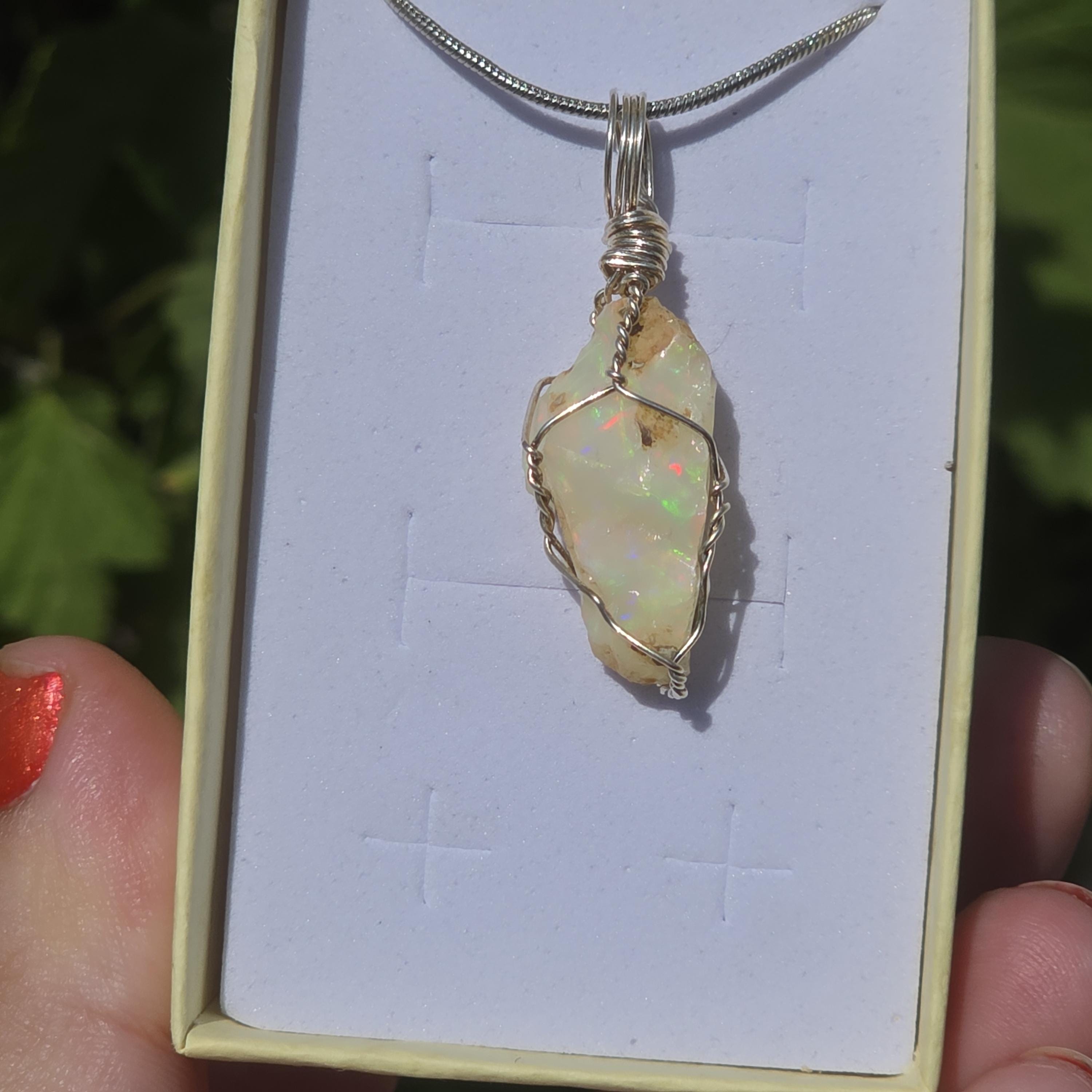 Raw Ethiopian Welo Opal Necklace | Wire Wrapped Pendant | Sterling Silver Chain