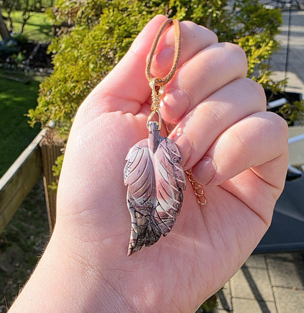 Polychrome Jasper Leaf Necklace, Desert Jasper Pendant, Earth Tone Crystal Jewelry, Natural Stone Leaf, Boho Necklace