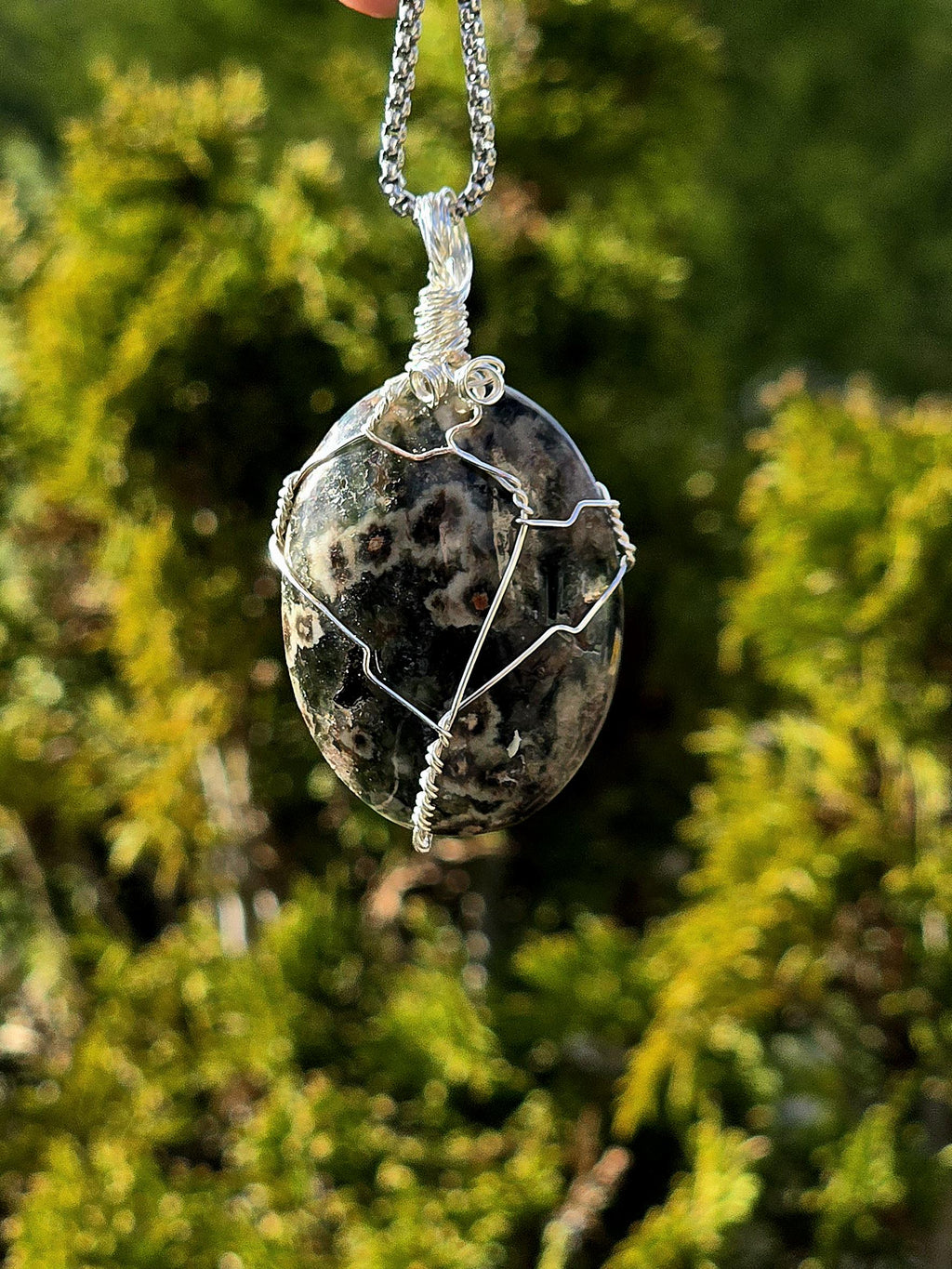 Ocean Jasper Necklace Stainless Steel | Orbicular Jasper Pendant | Green Jasper Necklace | Crystal Jewelry Gift | Natural Stone Necklace
