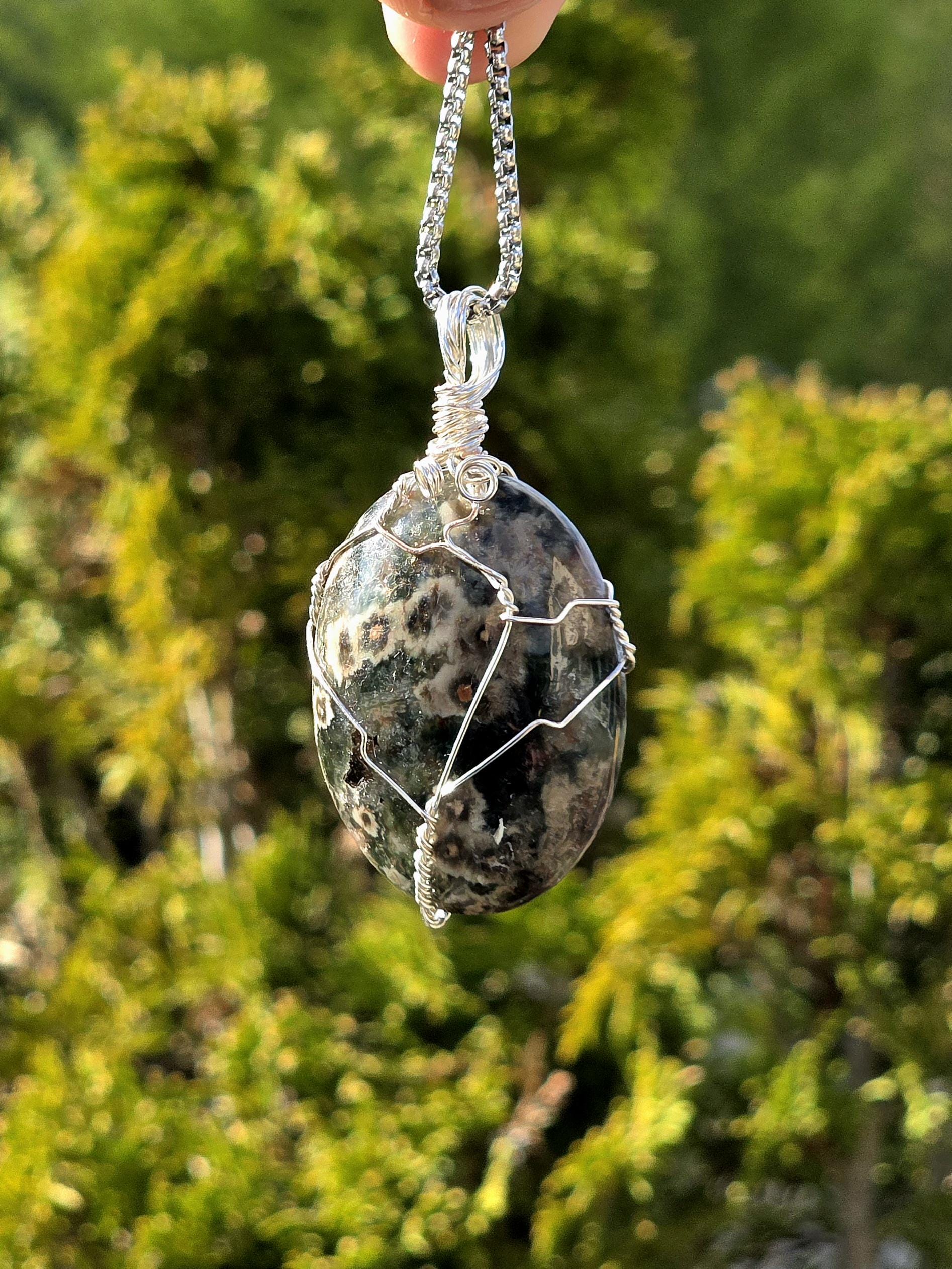 Ocean Jasper Necklace Stainless Steel | Orbicular Jasper Pendant | Green Jasper Necklace | Crystal Jewelry Gift | Natural Stone Necklace