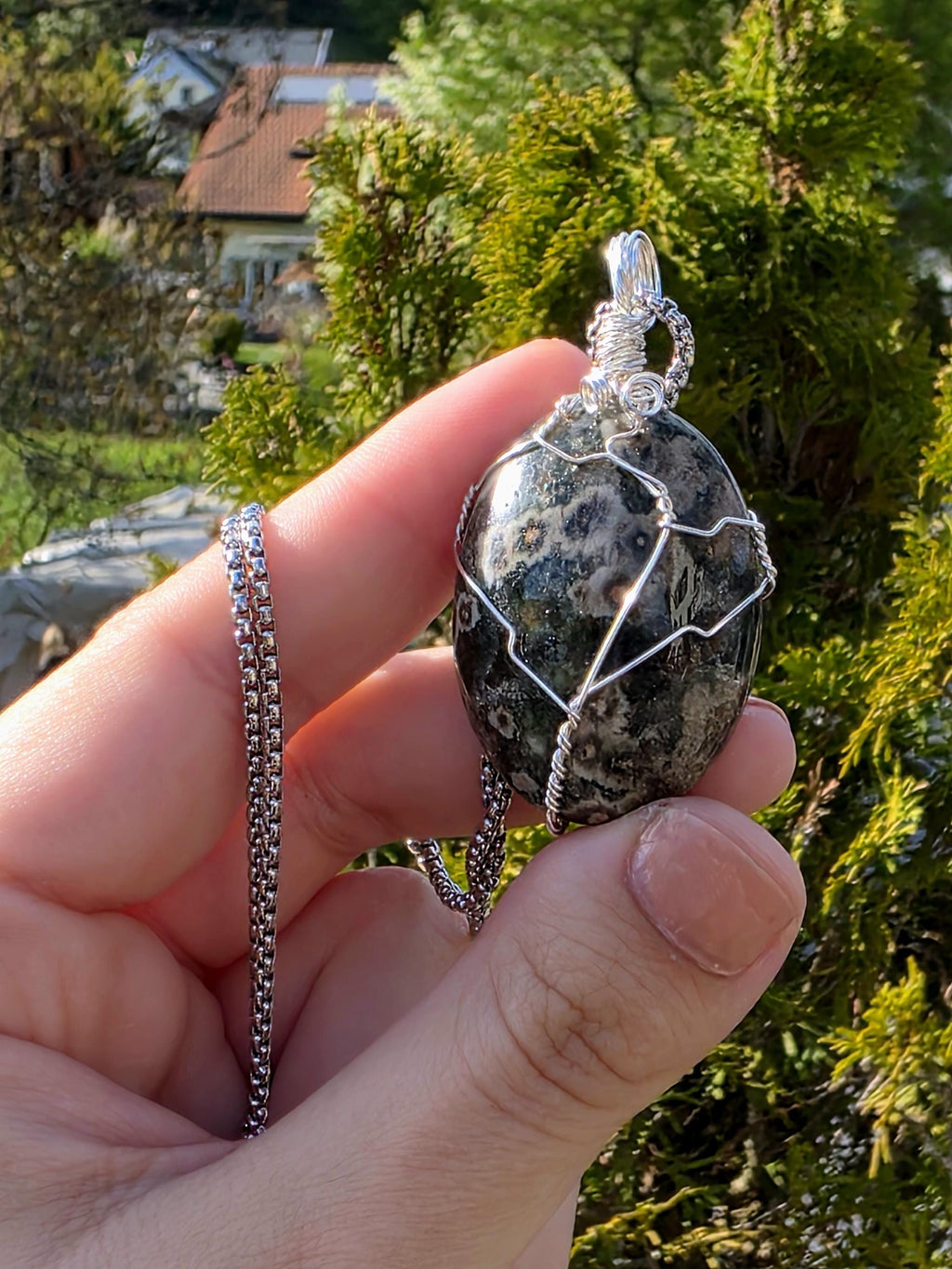Ocean Jasper Necklace Stainless Steel | Orbicular Jasper Pendant | Green Jasper Necklace | Crystal Jewelry Gift | Natural Stone Necklace