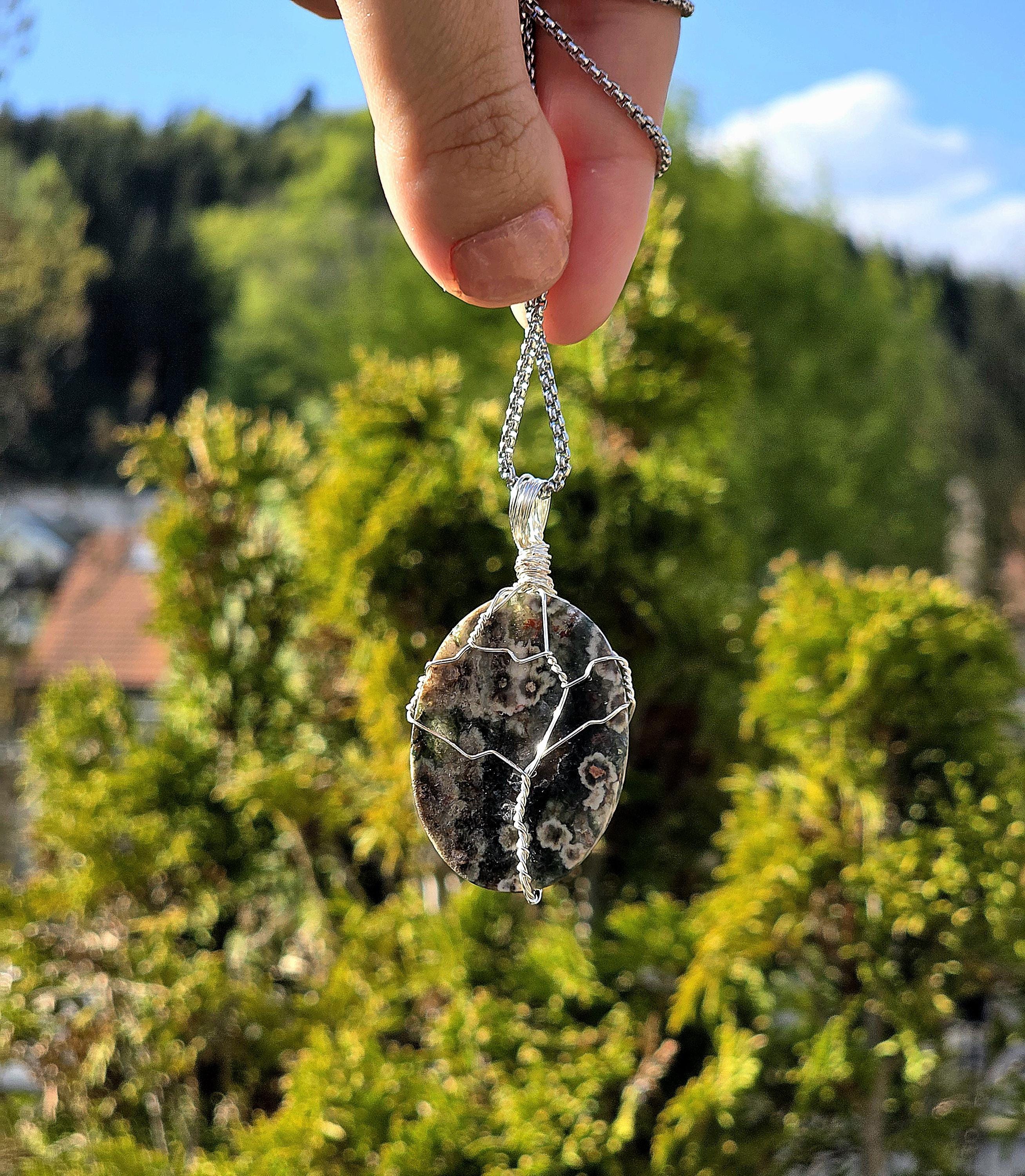 Ocean Jasper Necklace Stainless Steel | Orbicular Jasper Pendant | Green Jasper Necklace | Crystal Jewelry Gift | Natural Stone Necklace