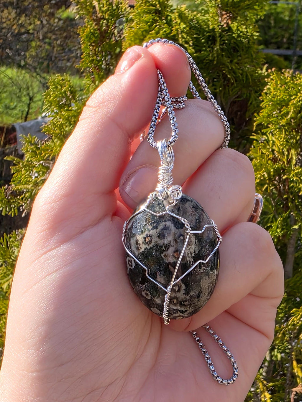 Ocean Jasper Necklace Stainless Steel | Orbicular Jasper Pendant | Green Jasper Necklace | Crystal Jewelry Gift | Natural Stone Necklace