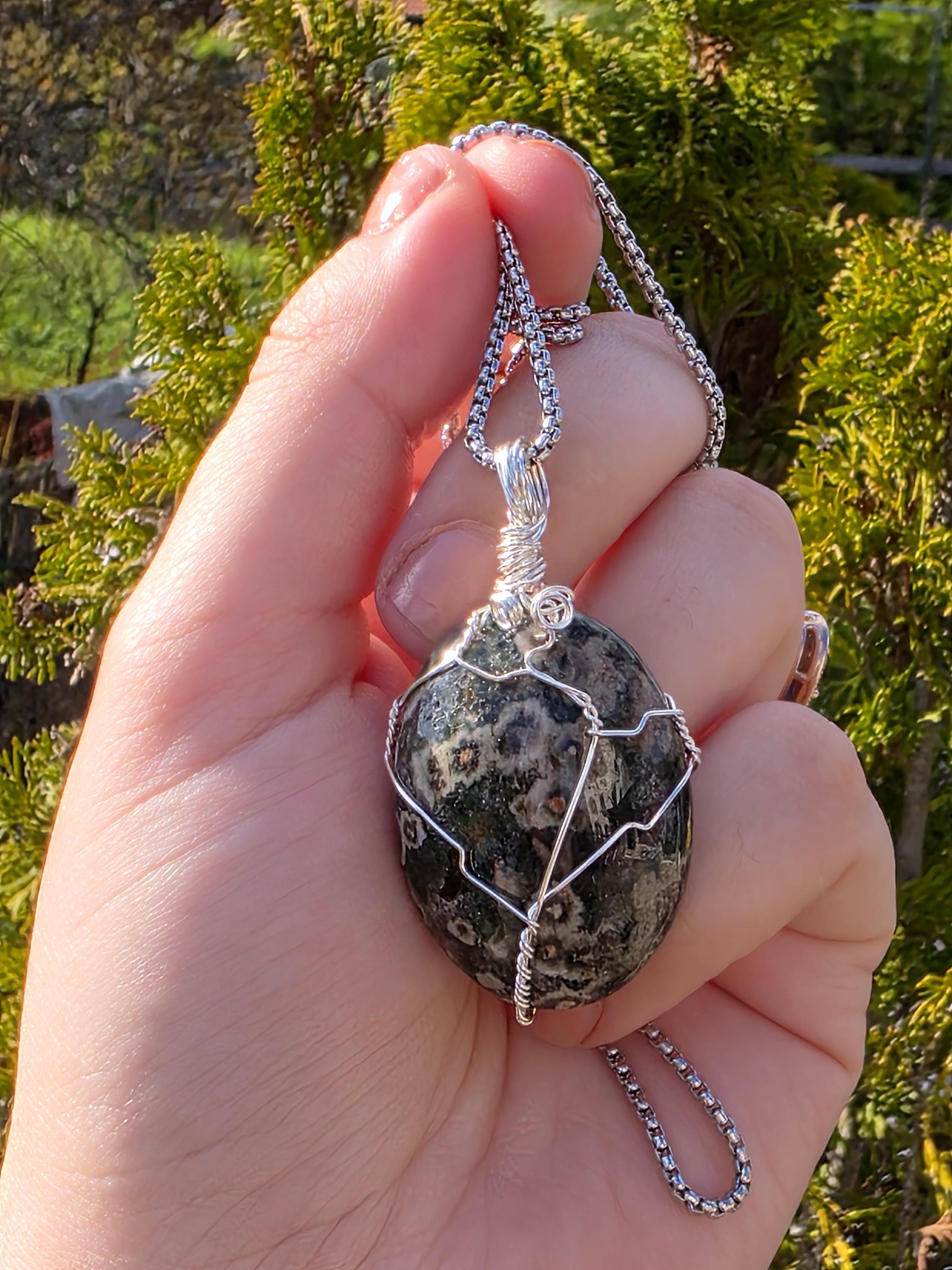 Ocean Jasper Necklace Stainless Steel | Orbicular Jasper Pendant | Green Jasper Necklace | Crystal Jewelry Gift | Natural Stone Necklace