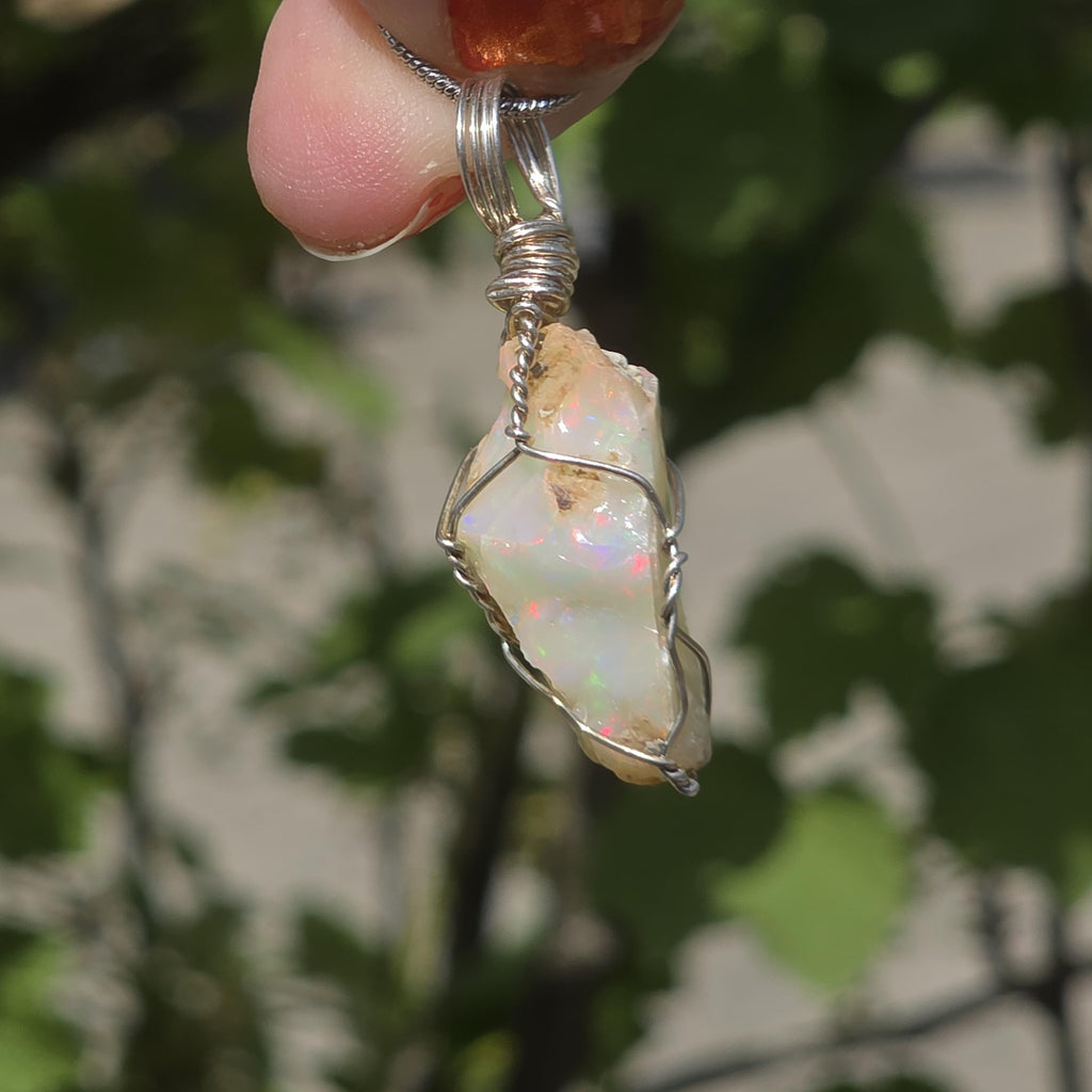 Raw Ethiopian Welo Opal Necklace | Wire Wrapped Pendant | Sterling Silver Chain