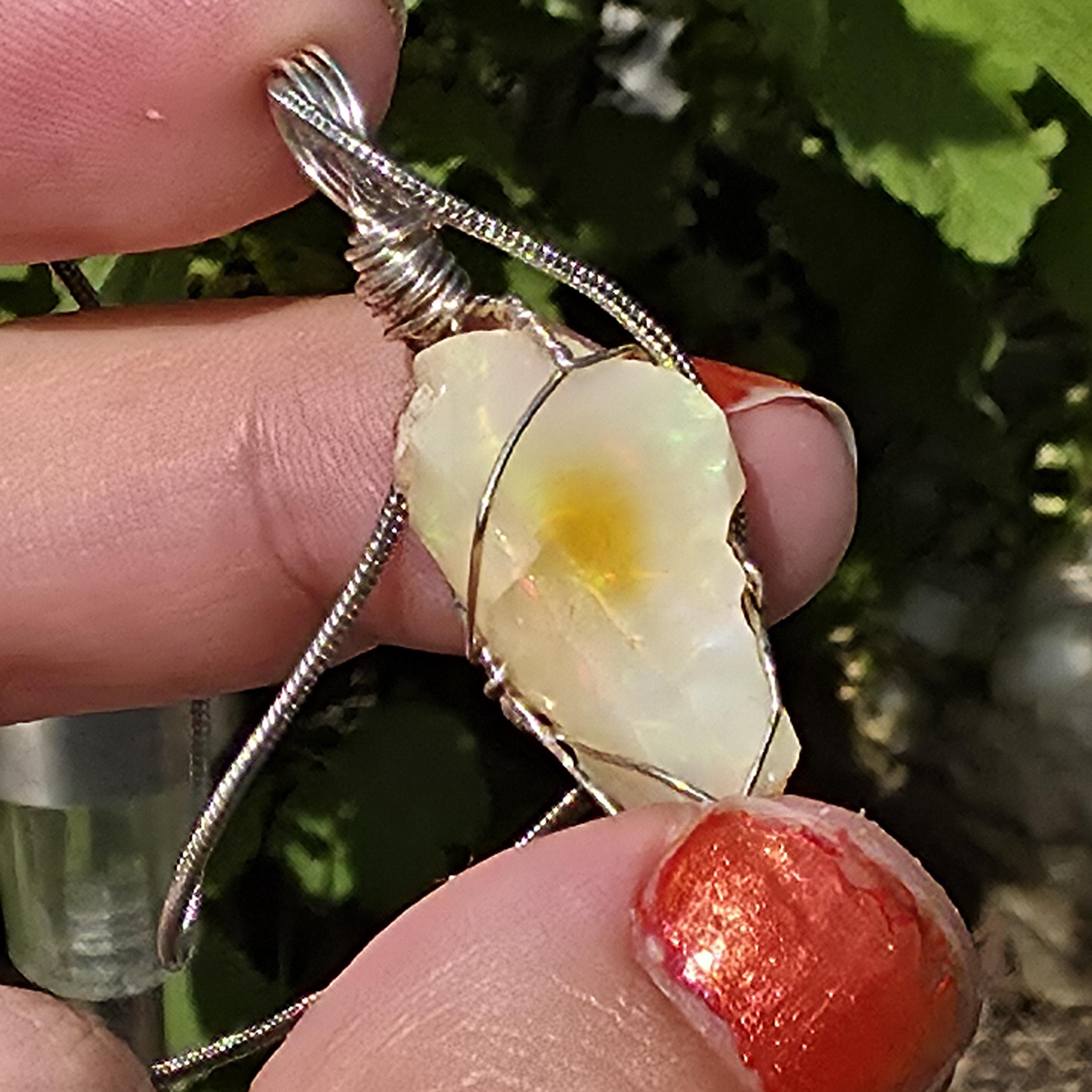 Raw Ethiopian Welo Opal Necklace | Wire Wrapped Pendant | Sterling Silver Chain