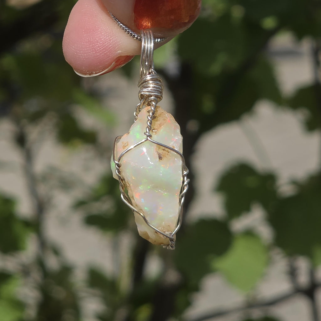 Raw Ethiopian Welo Opal Necklace | Wire Wrapped Pendant | Sterling Silver Chain