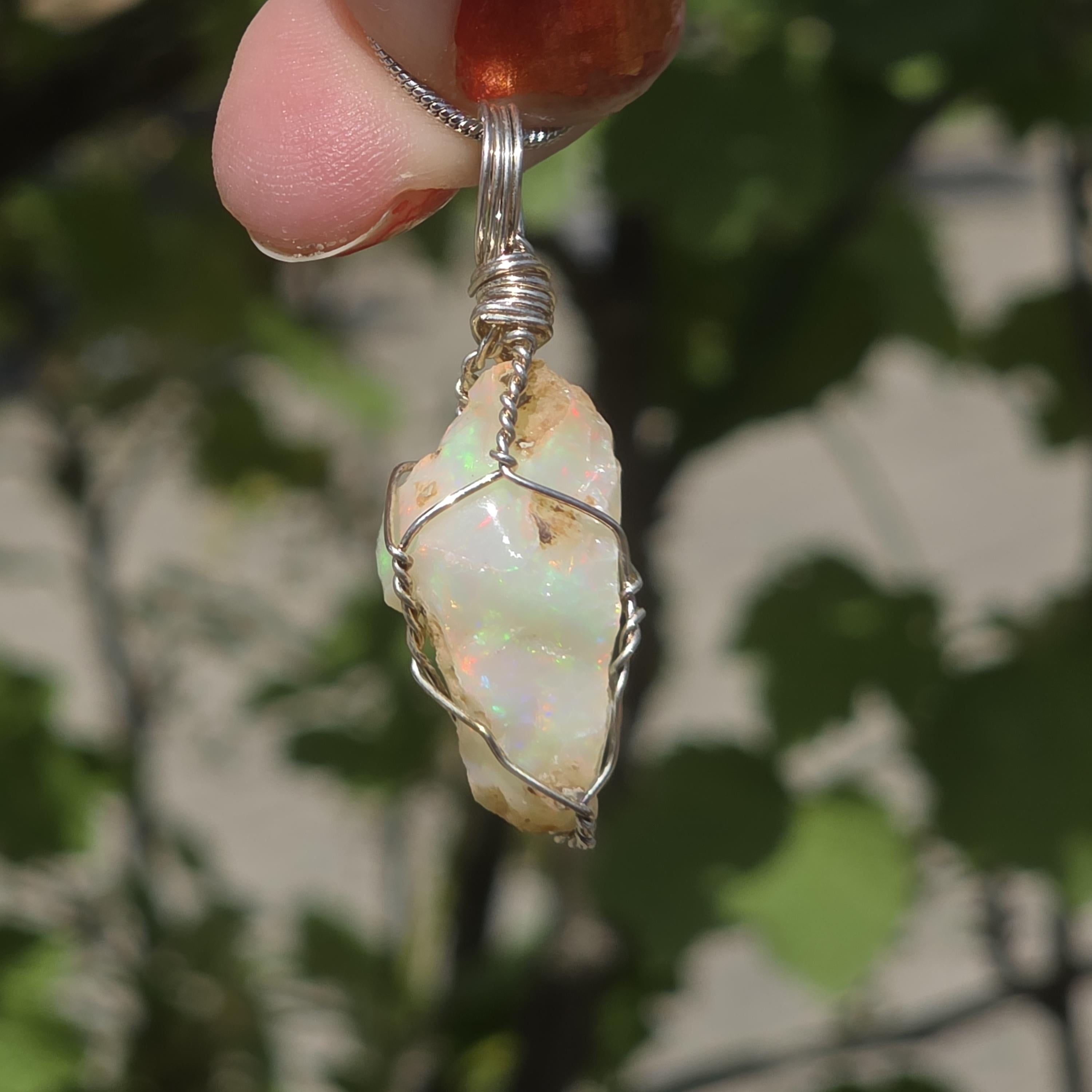 Raw Ethiopian Welo Opal Necklace | Wire Wrapped Pendant | Sterling Silver Chain