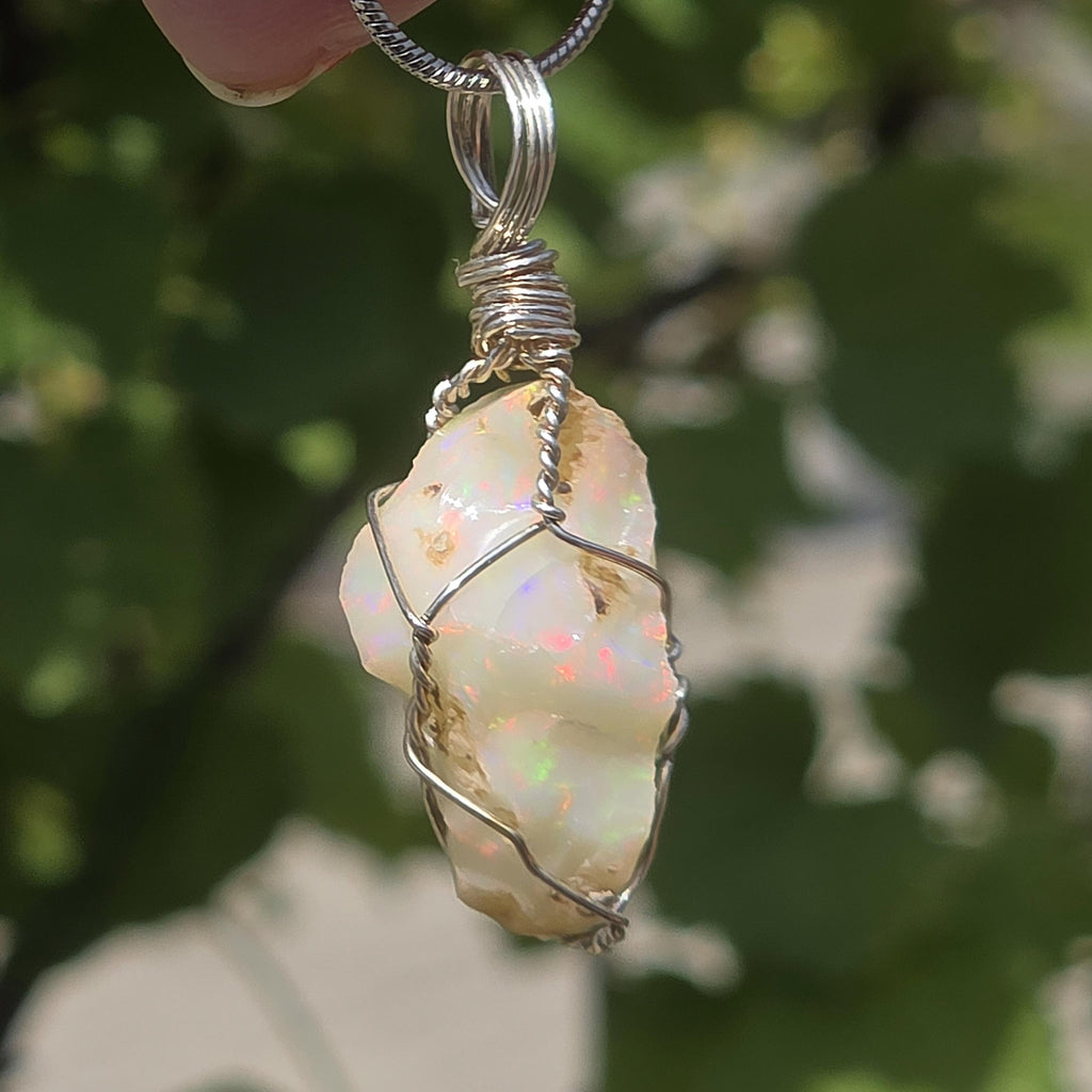 Raw Ethiopian Welo Opal Necklace | Wire Wrapped Pendant | Sterling Silver Chain