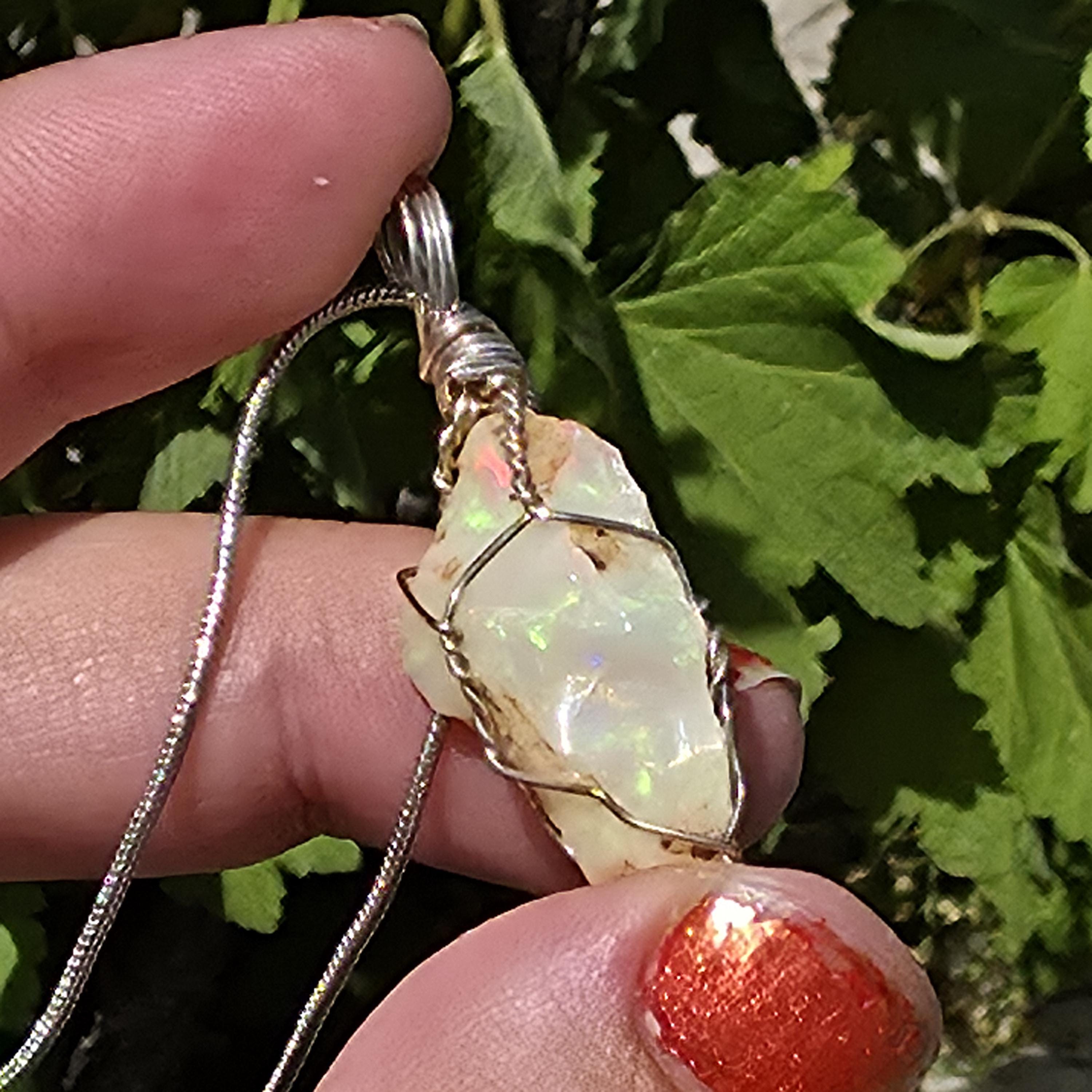 Raw Ethiopian Welo Opal Necklace | Wire Wrapped Pendant | Sterling Silver Chain