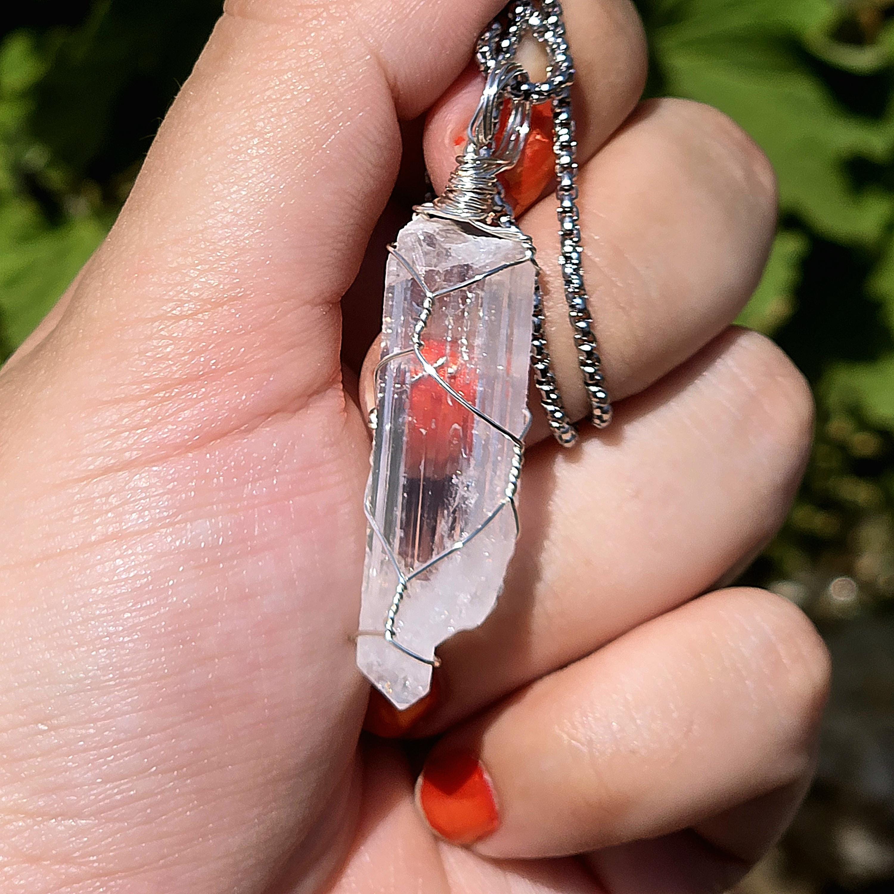 Danburite Crystal Necklace | Clear Danburite Pendant | Wire Wrapped Danburite | 22 Inch Stainless Steel Chain | Rare Crystal Jewelry