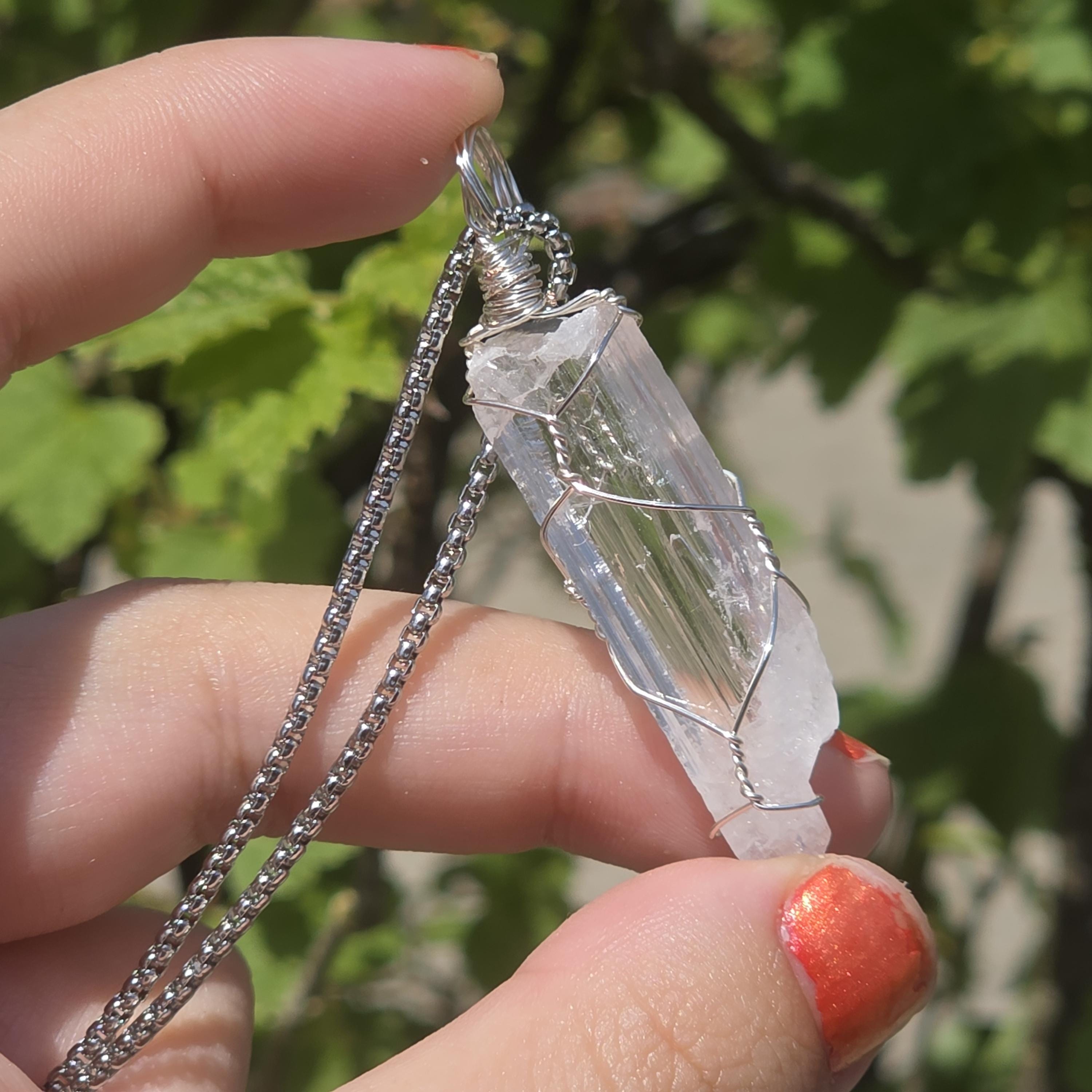 Danburite Crystal Necklace | Clear Danburite Pendant | Wire Wrapped Danburite | 22 Inch Stainless Steel Chain | Rare Crystal Jewelry