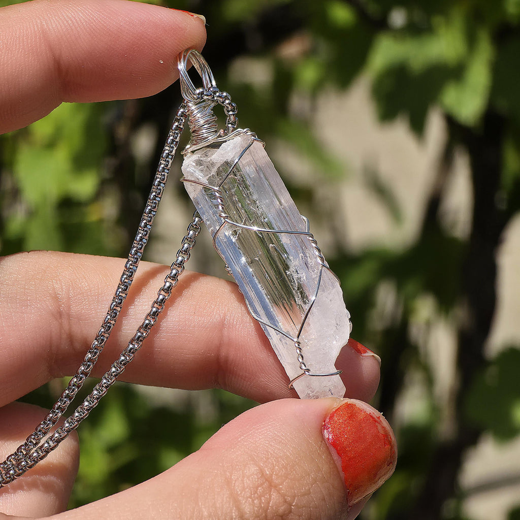 Danburite Crystal Necklace | Clear Danburite Pendant | Wire Wrapped Danburite | 22 Inch Stainless Steel Chain | Rare Crystal Jewelry
