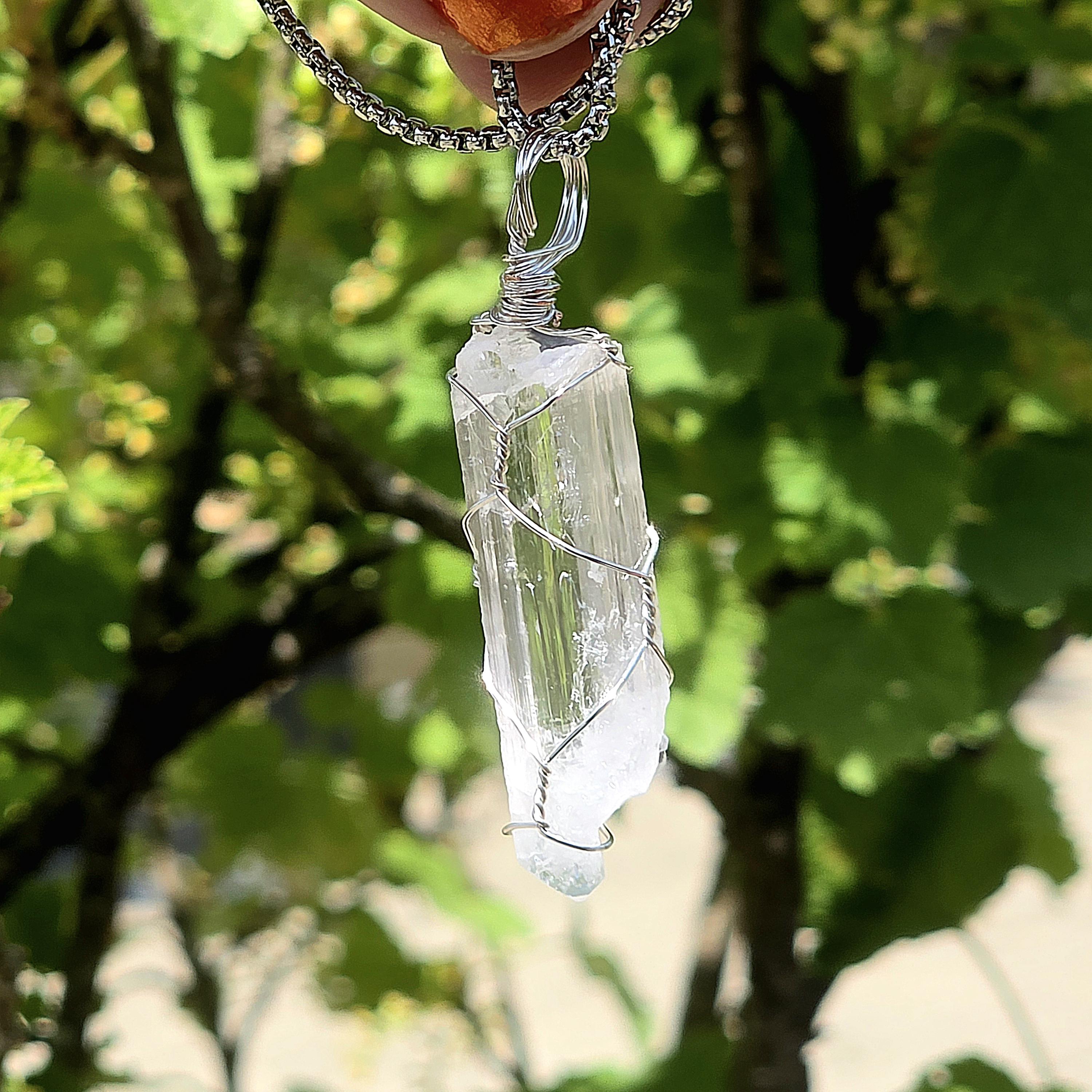 Danburite Crystal Necklace | Clear Danburite Pendant | Wire Wrapped Danburite | 22 Inch Stainless Steel Chain | Rare Crystal Jewelry